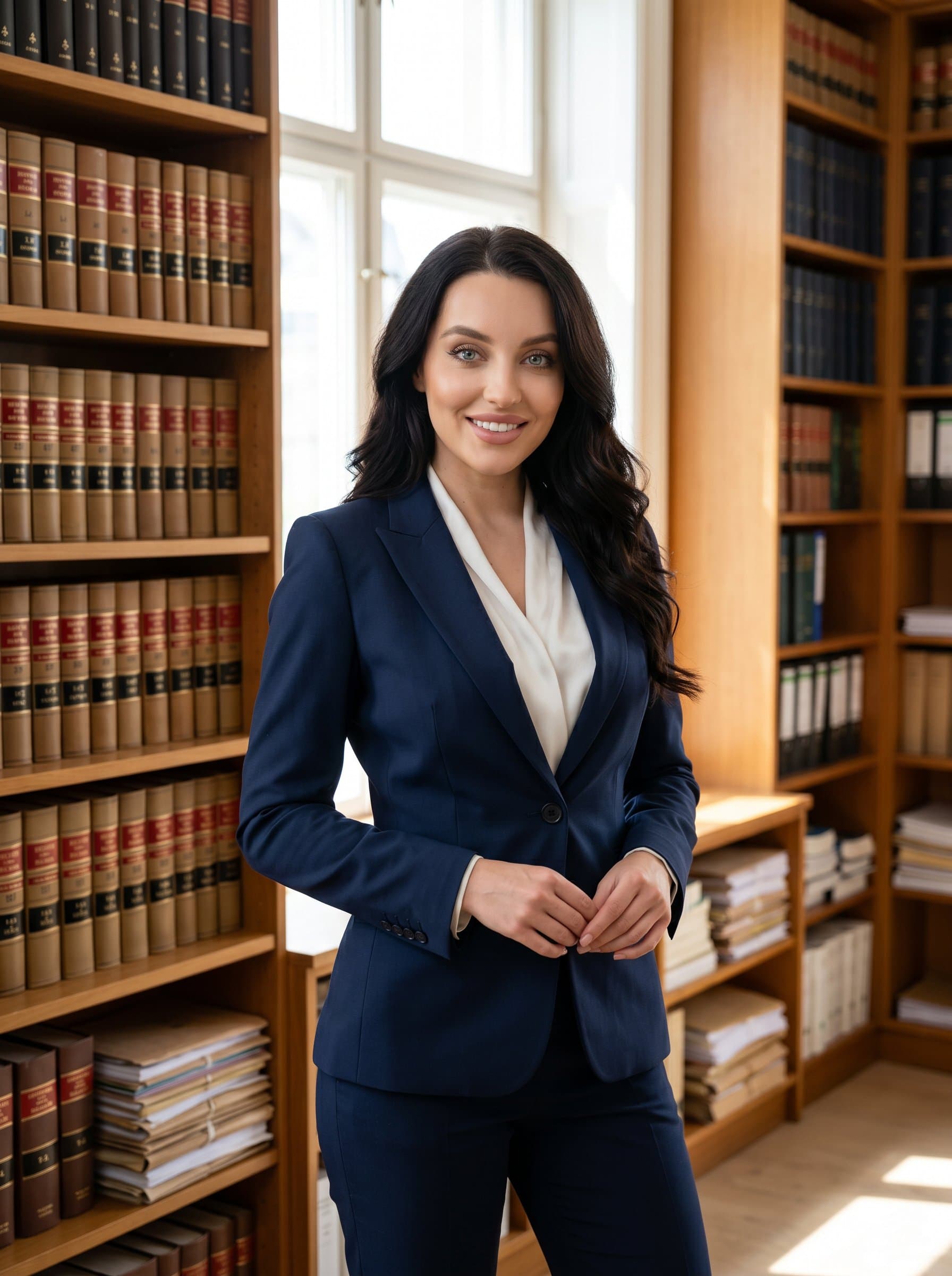 of a lawyer in a tailored suit, standing confidently in a sunlit law office, surrounded by shelves of legal books. The expression is both authoritative and welcoming, ideal for a professional profile.