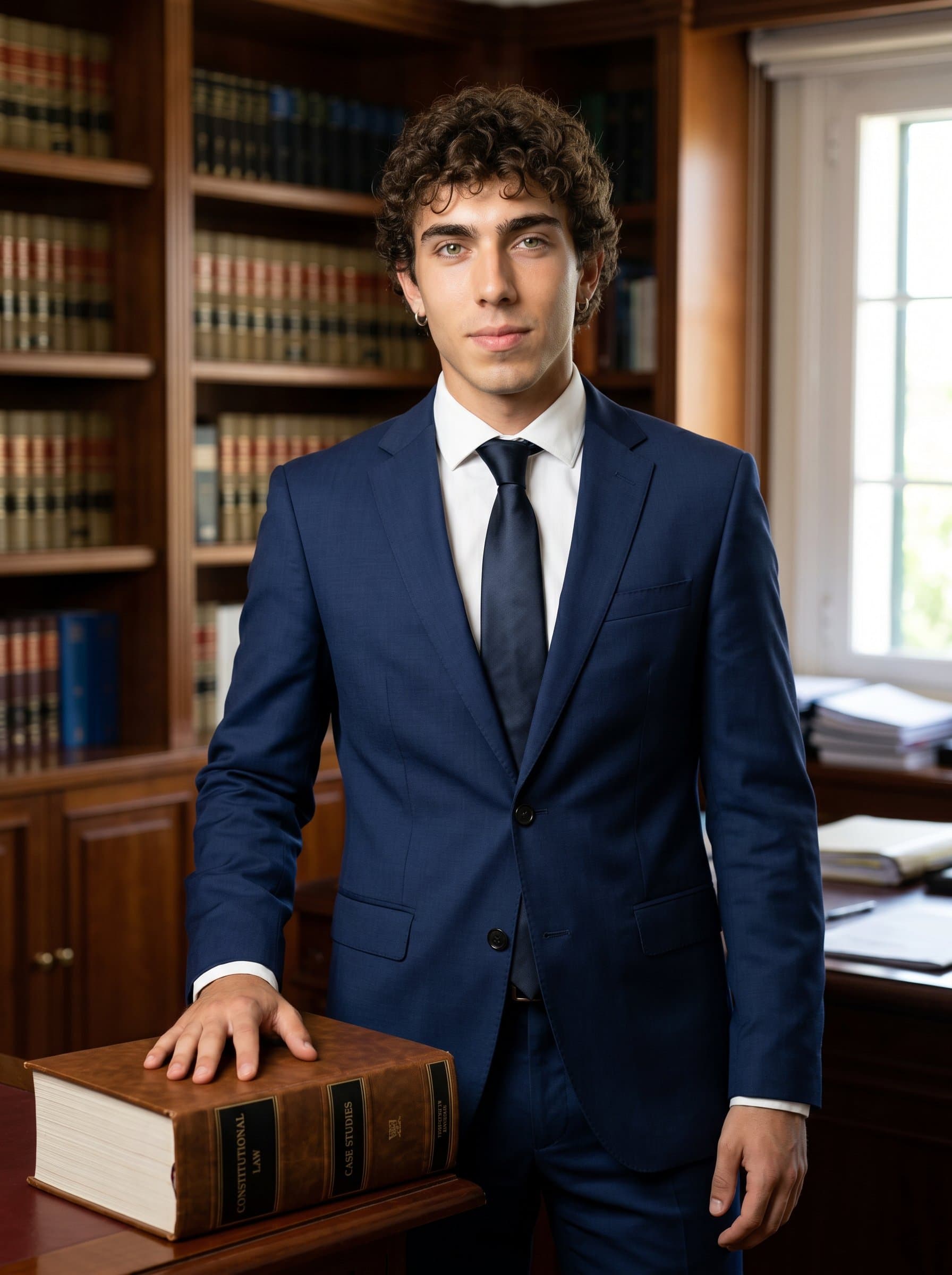Professional portrait of a lawyer, standing beside a large legal tome in an office. The lighting highlights a confident expression, underscoring dedication and professionalism in law practice.