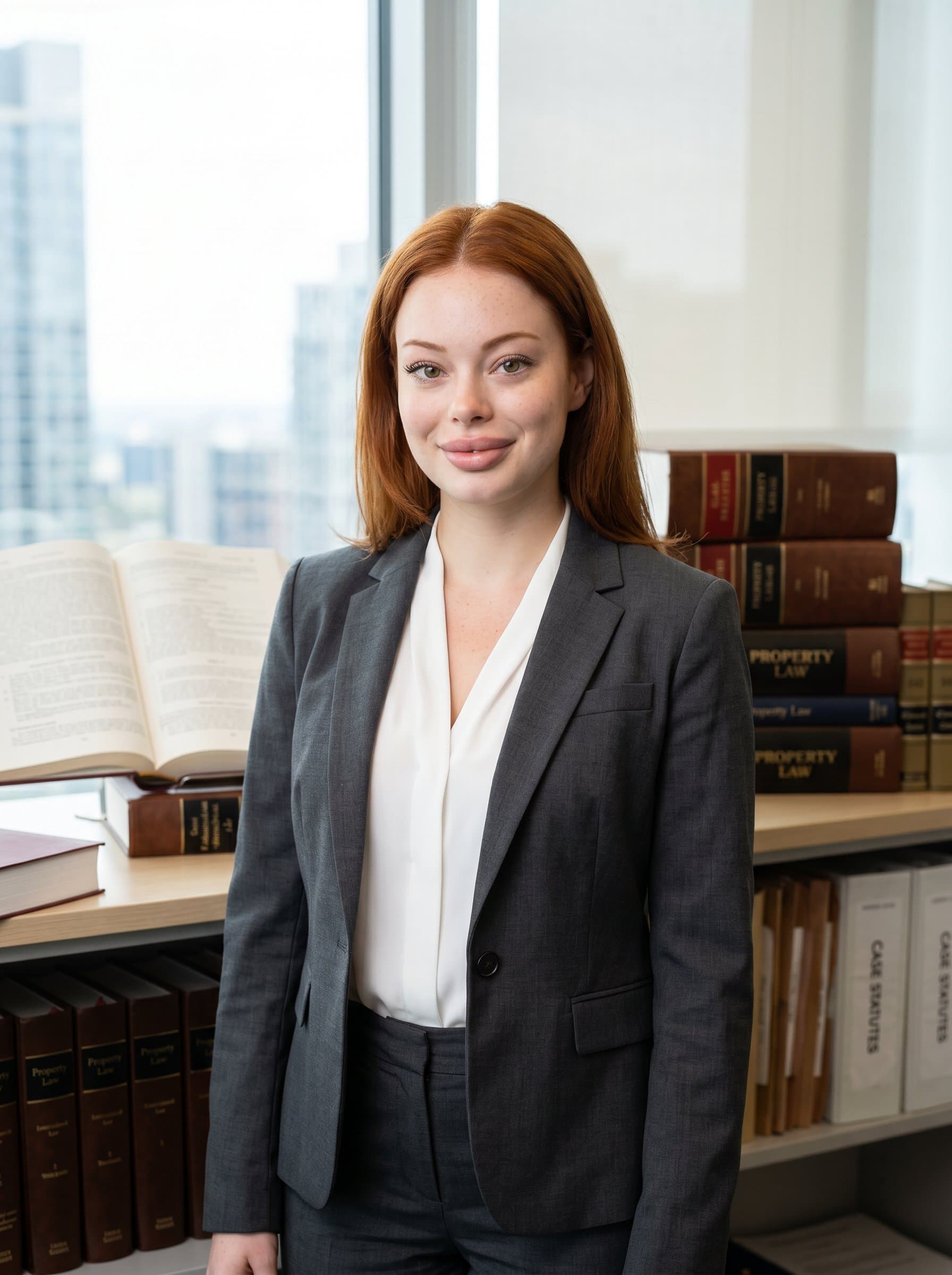 Headshot of a lawyer in a modern suit, with a subtle smile, in a spacious office. The blurred background of open legal texts signifies dedication and an eye for detail.