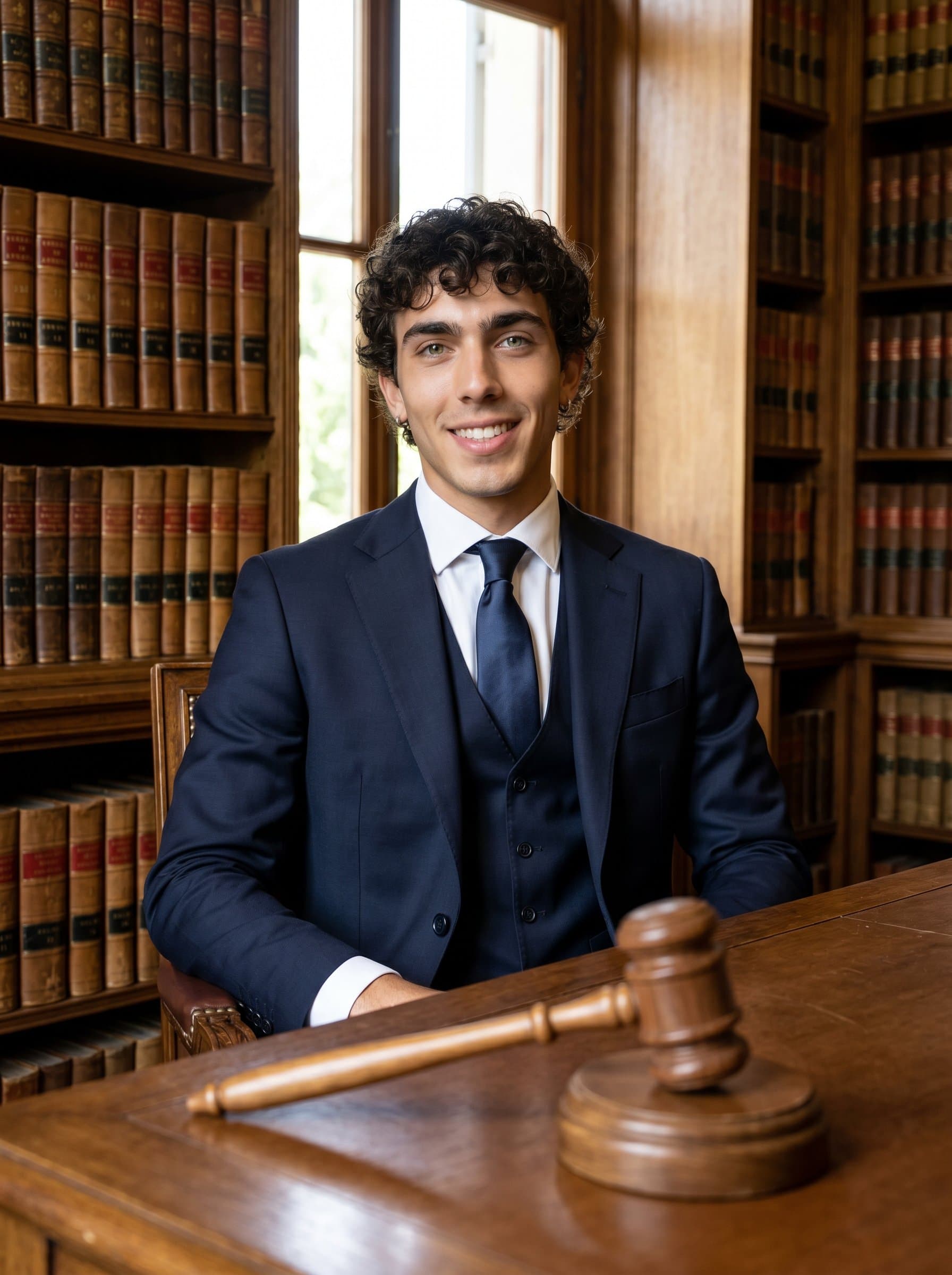 Elegant portrait: a lawyer surrounded by leather-bound law books, with a gavel in the foreground. The setting and attire exude tradition and expertise, creating a reassuring professional image.