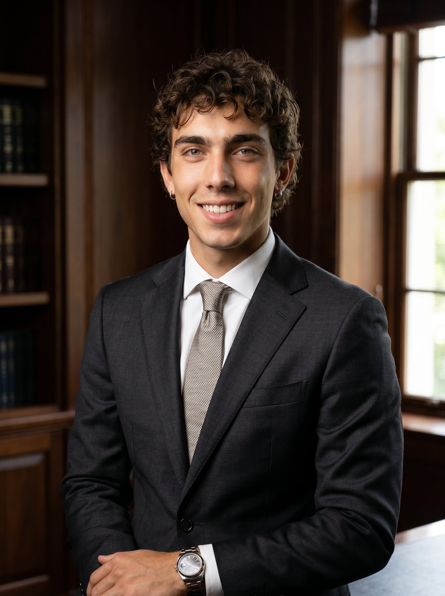 Headshot of framed by elegant law office décor, with a sleek suit and watch. The focus is on a confident expression that conveys reliability and modern legal acumen.