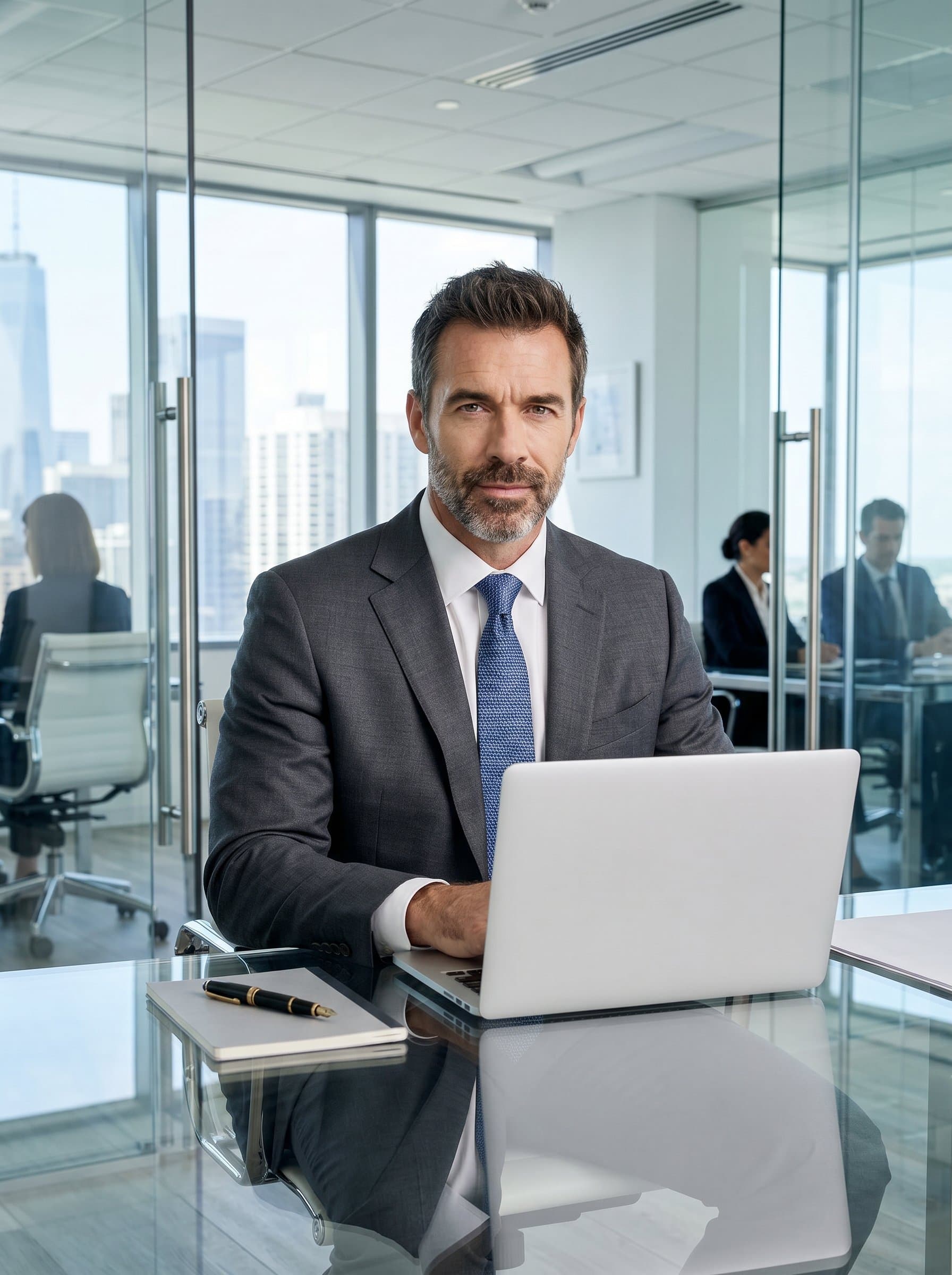 a lawyer with a clear desk, laptop open, in a glass-walled office. The contemporary setting and professional attire blend tradition with modern efficiency, suitable for a forward-thinking legal image.