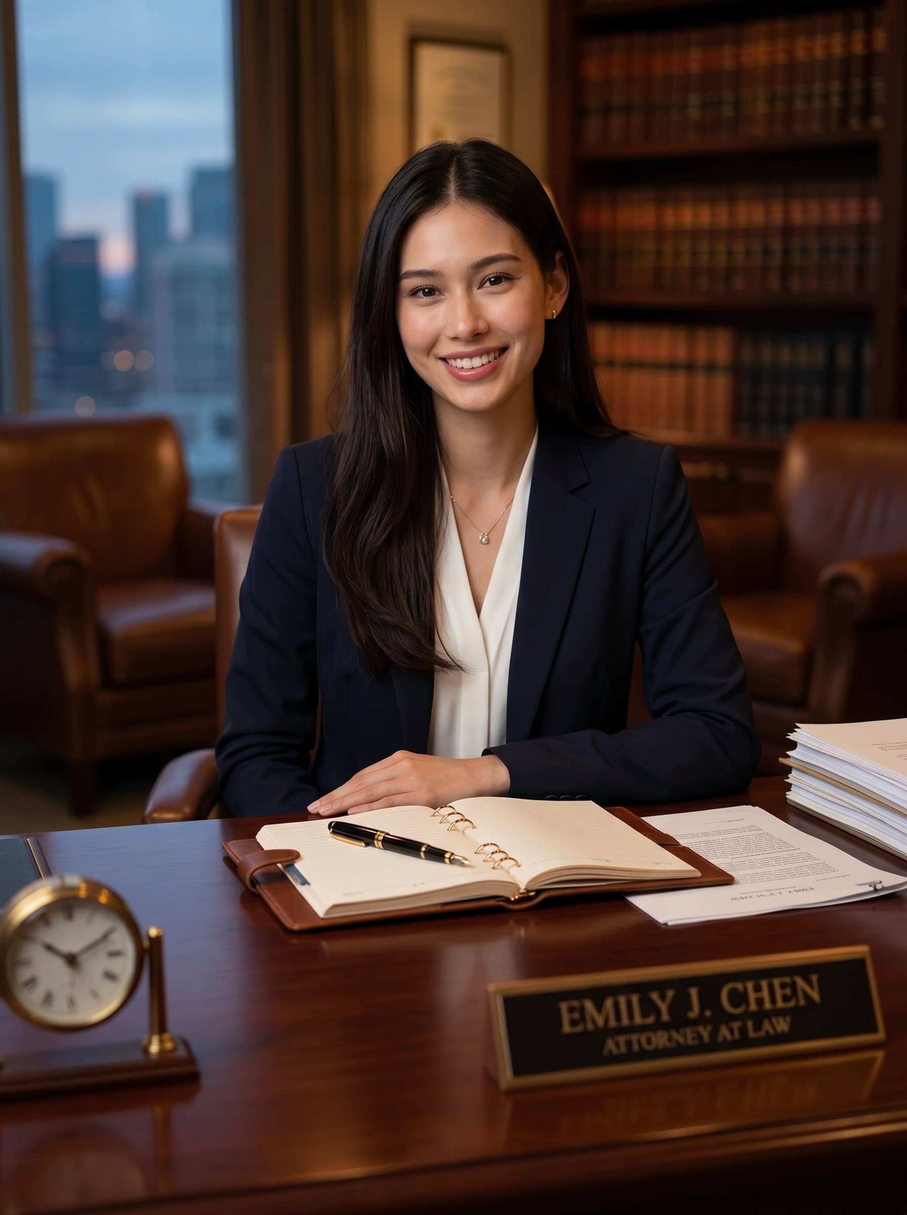 a lawyer at a polished desk with a sophisticated pen and paper setup, in a softly lit office. The ambiance is both serious and inviting, ideal for a legal professional’s headshot.