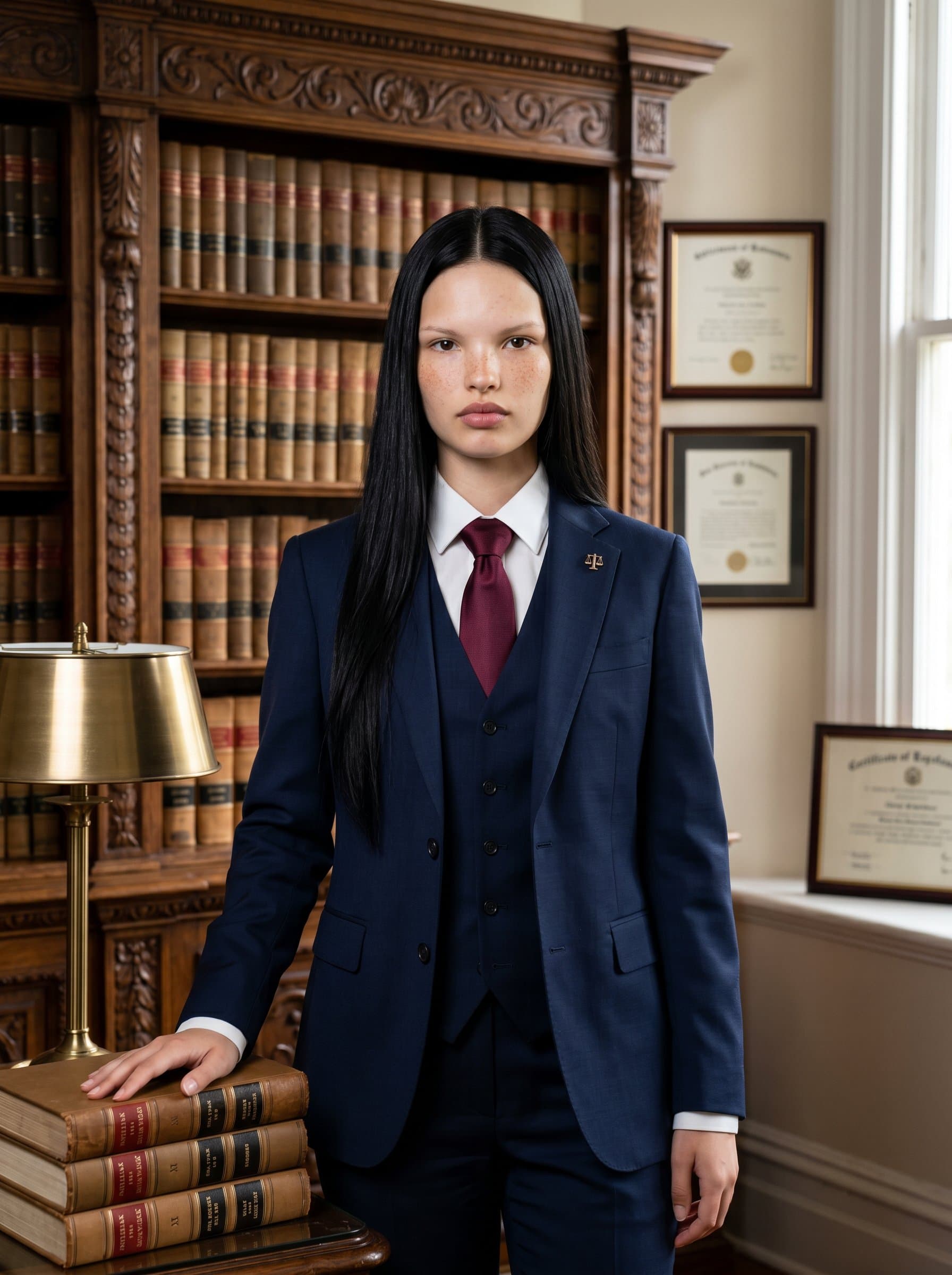 Formal portrait of a lawyer standing next to an intricate wooden bookcase in an office. The attire and setting resonate with classic legal elegance and intellectual depth.