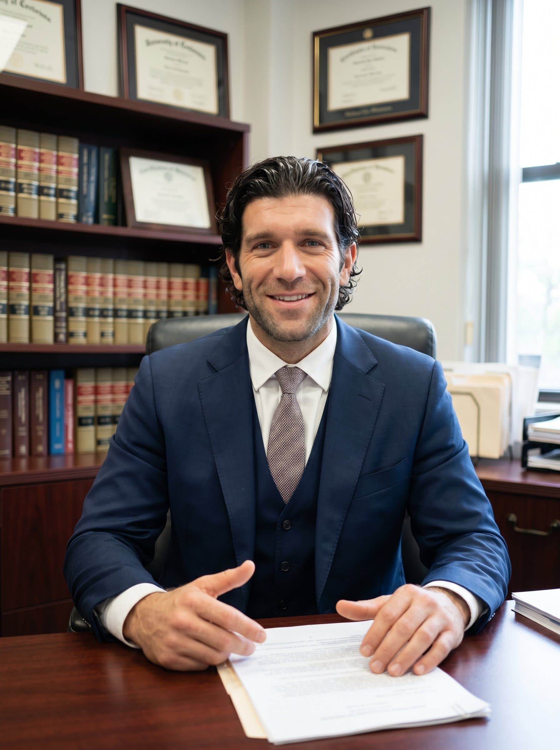 a lawyer with a friendly expression, in a well-organized office. The backdrop of certificates and legal books reinforces professionalism and expertise, ideal for promoting a trustworthy legal image.