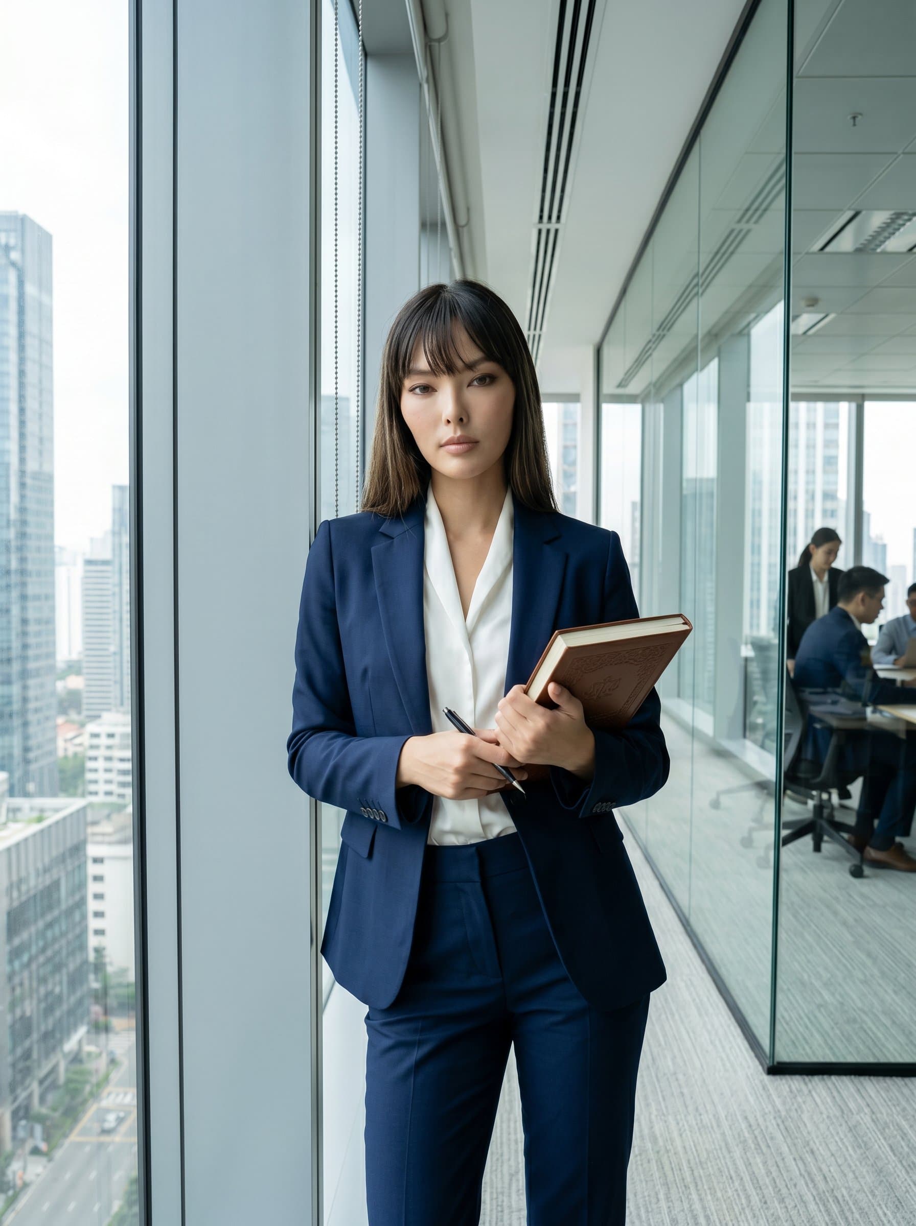 Capture of a lawyer beside floor-to-ceiling windows, holding a legal notebook. The modern office space complements the sharp suit, projecting clarity and precision in legal matters.