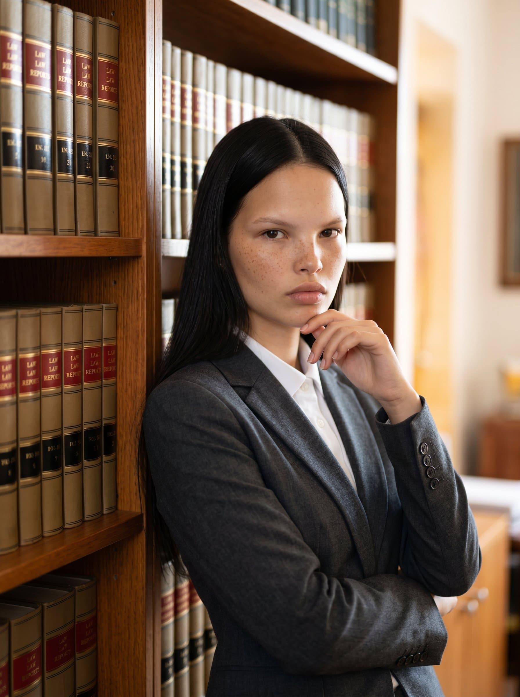 Classic portrait: a lawyer leaning against a bookcase filled with legal texts. A thoughtful look and professional attire create a powerful image for legal representation.