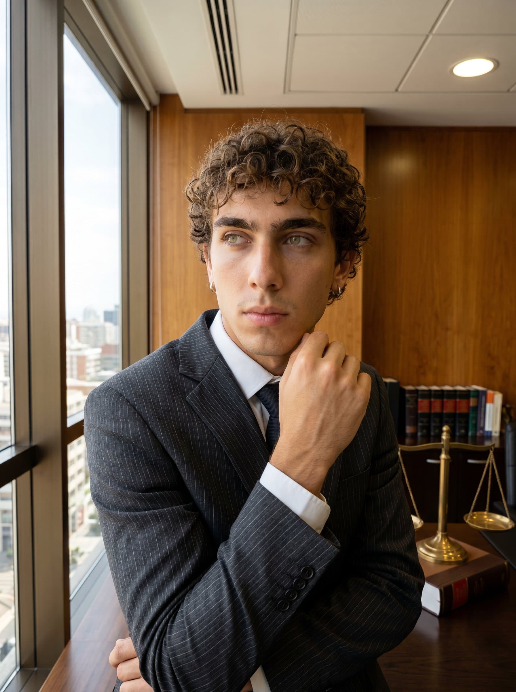 Photorealistic headshot of a lawyer, in a pinstripe suit, gazing thoughtfully out of a window. Law office details like a legal scale emphasize wisdom and contemplation.