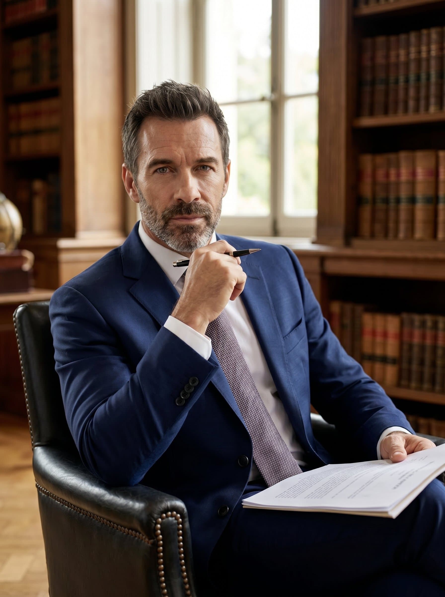 a lawyer seated comfortably in an armchair, with soft lighting and elegant decor. The thoughtful pose and professional attire reflect wisdom and a personal touch in the legal field.