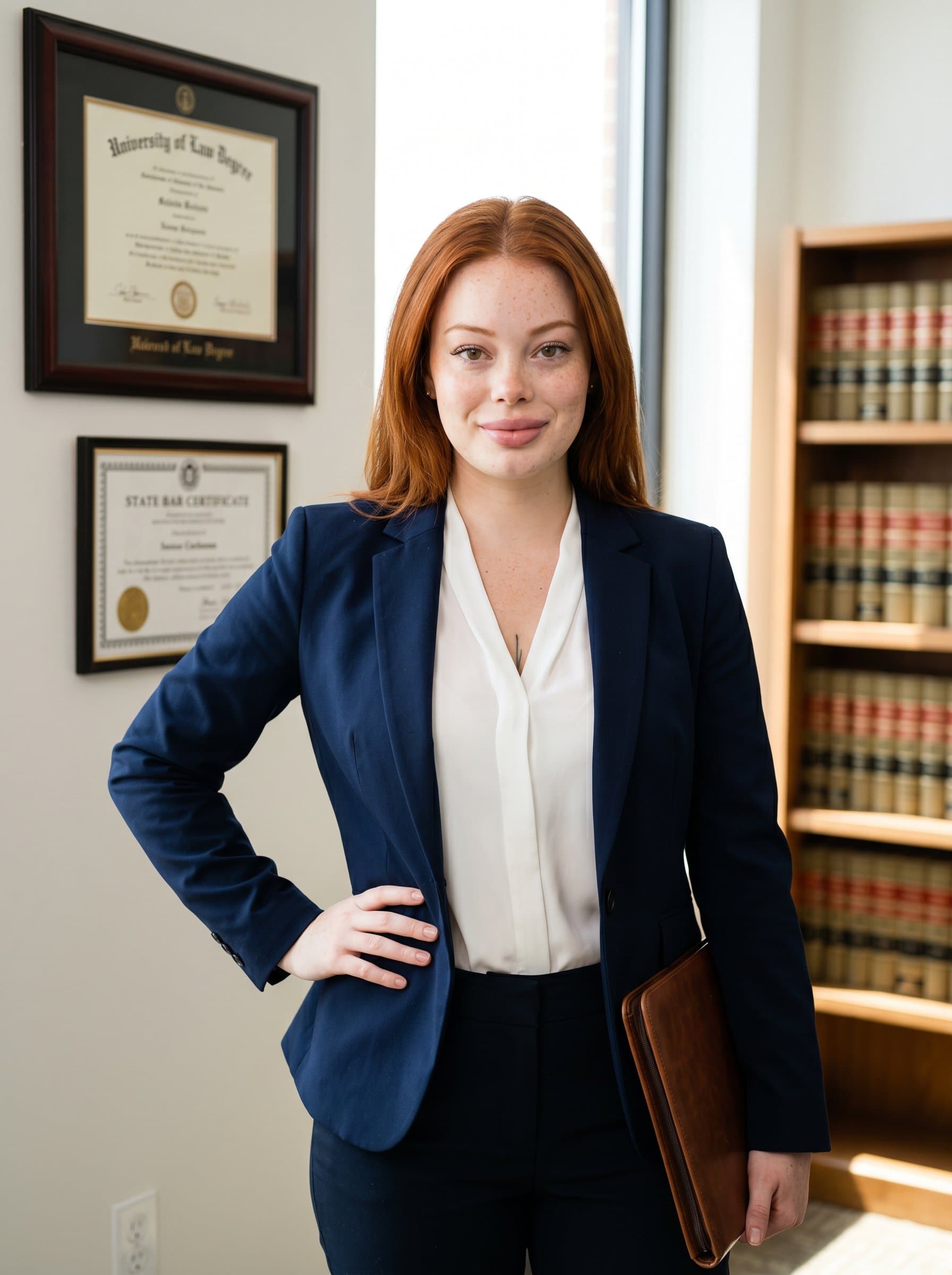 a lawyer with a confident stance, in a well-lit law office. A framed certificate and soft-focus legal volumes in the background create an image of credibility and professional success.