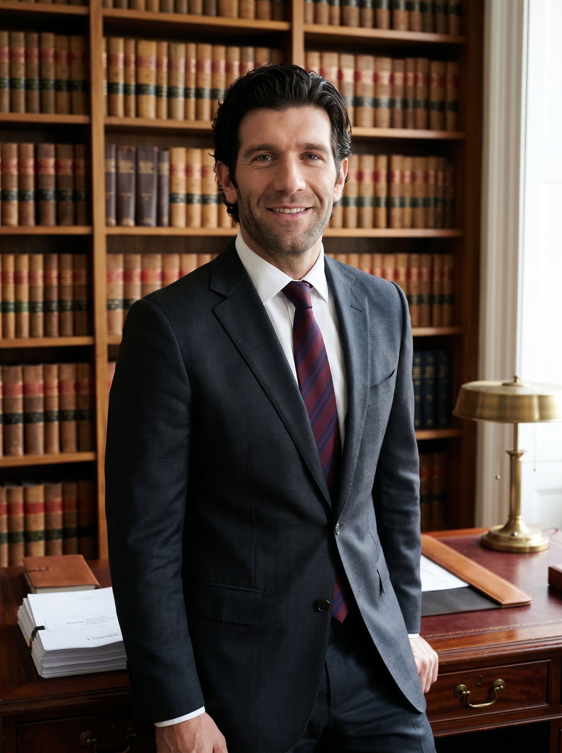Professional headshot: a lawyer in front of a library bookshelf, a traditional desk with leather-bound volumes visible. The expression is approachable yet learned, perfect for a distinguished legal profile.