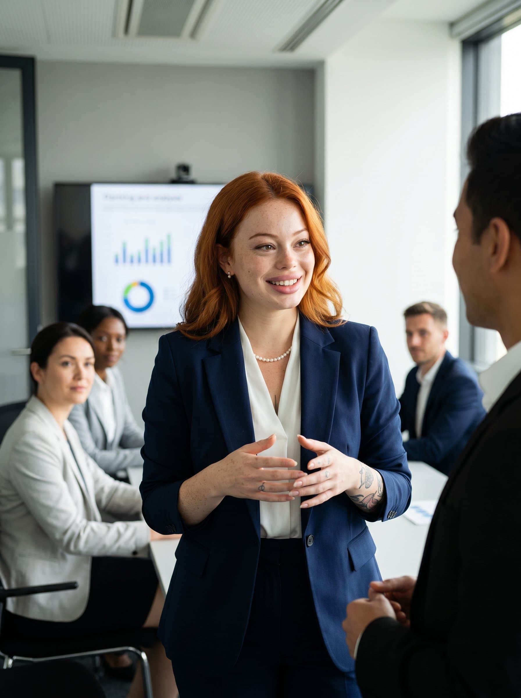 captured mid-discussion, in a conference room setting, with a smart suit and a gentle smile. The image conveys effective communication skills and leadership in a polished, professional environment.