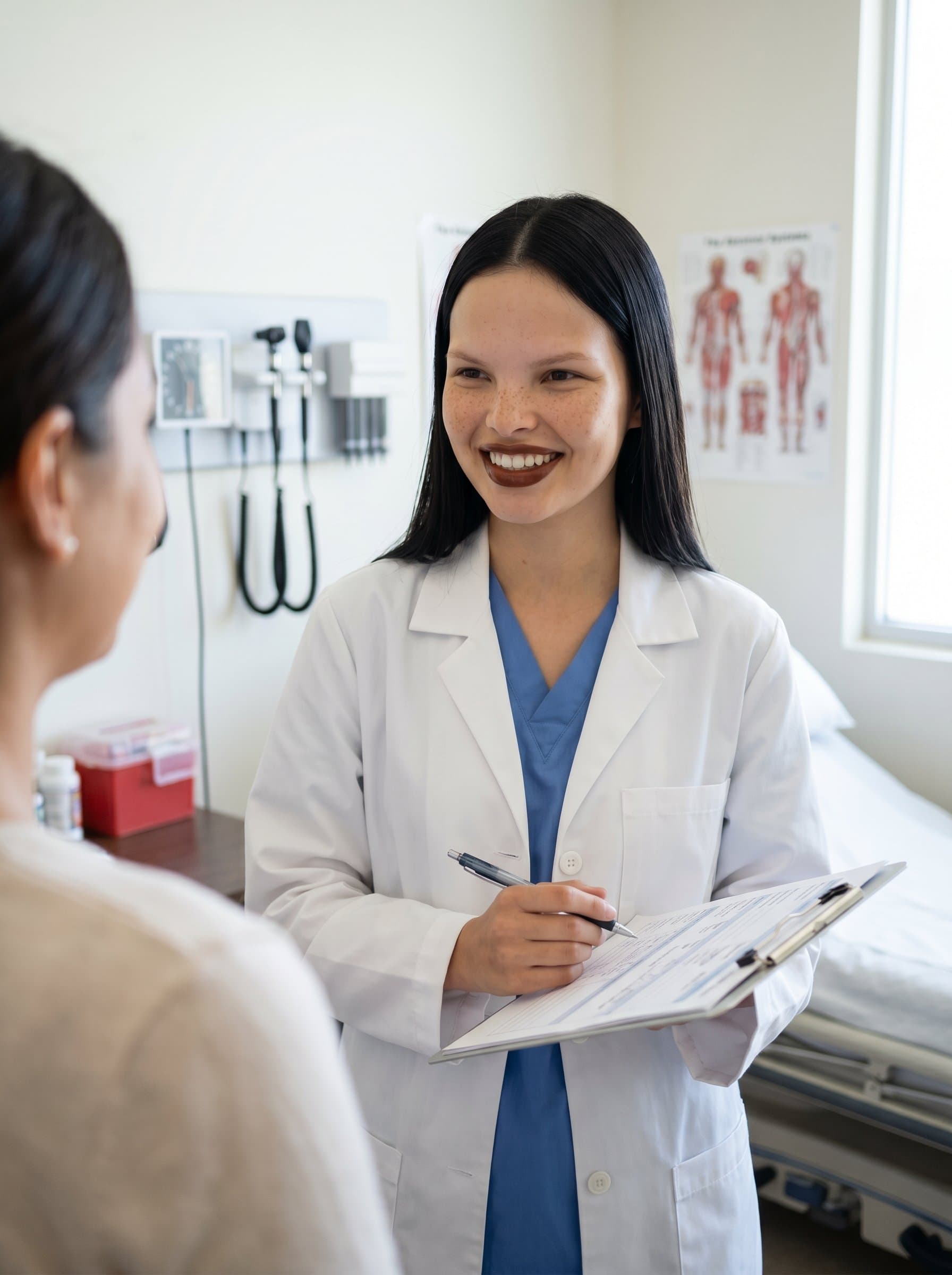 - Doctor and a patient, engaged in a conversation in an exam room. The doctor wears a white coat, smiling gently, creating a sense of approachable expertise. Background includes medical charts and equipment.