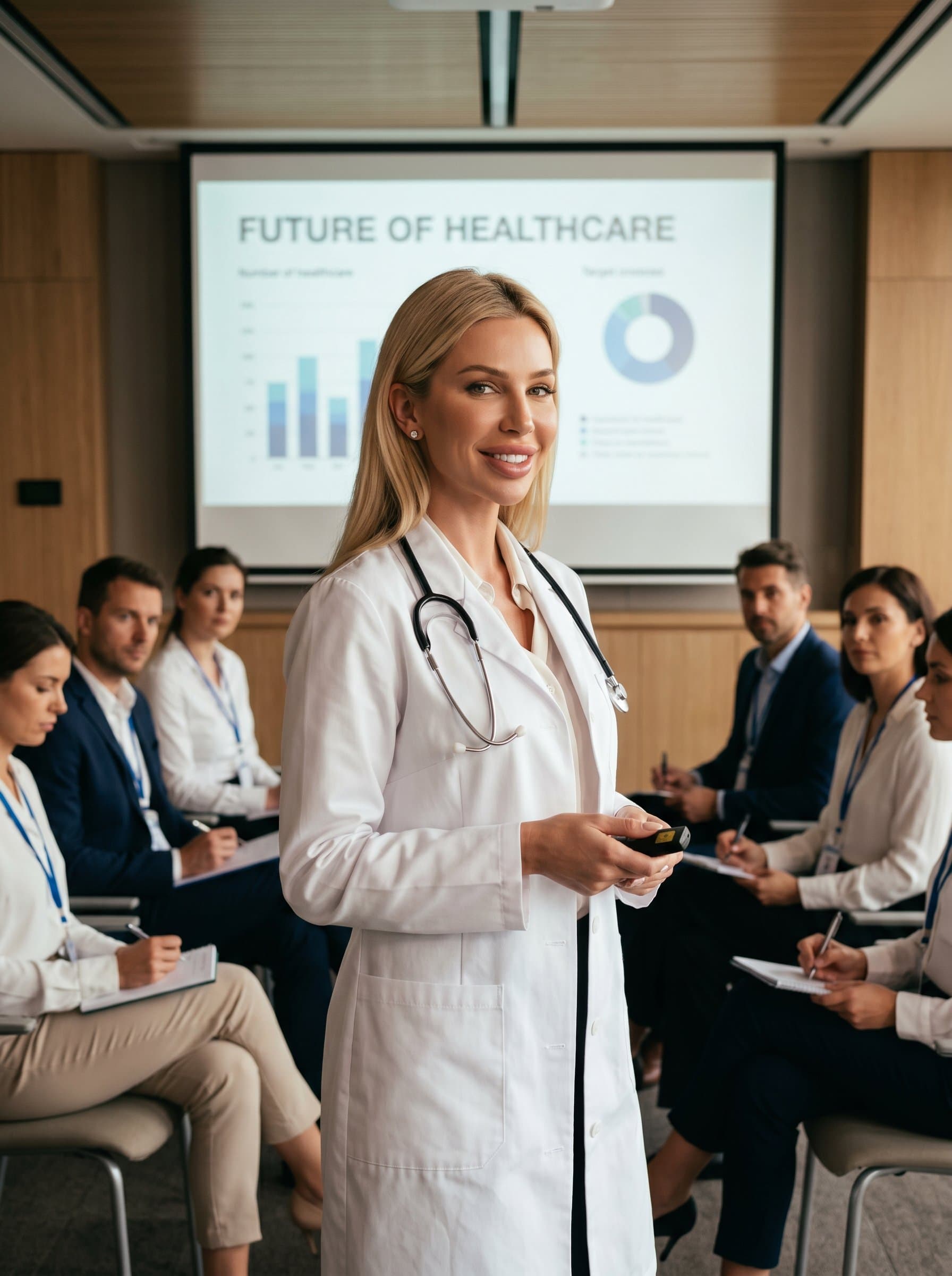 - Doctor in a conference room, preparing to deliver a presentation. With a white coat and a confident smile, the background shows a projection screen and attentive colleagues, emphasizing leadership and communication skills.