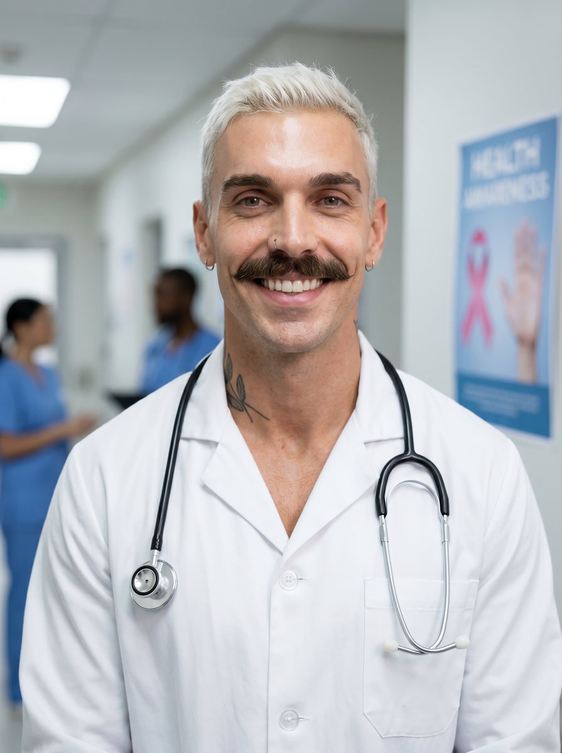 - Close-up of a doctor in a hospital corridor, wearing a white coat and stethoscope around the neck. The doctor smiles warmly, radiating reliability and competence, with a soft, blurred medical poster in the background.