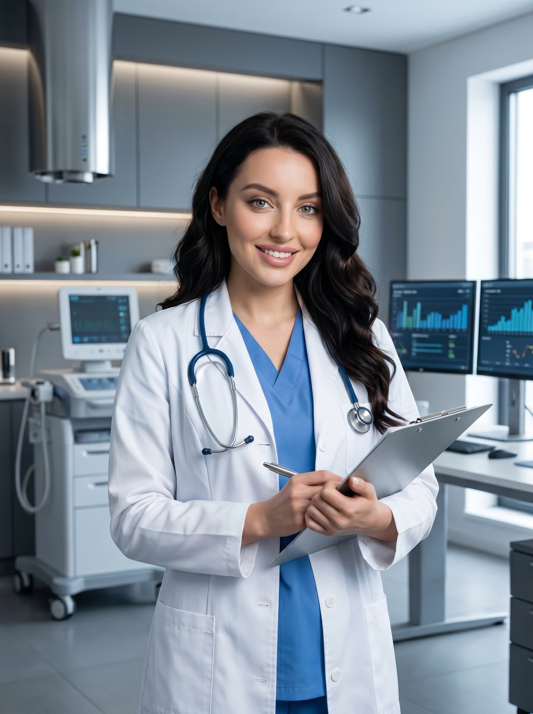 - A doctor in a modern medical office, wearing a white coat, holding a clipboard, smiling confidently. Background shows a sleek, organized workspace, conveying expertise and trustworthiness, with a focus on high-tech equipment.