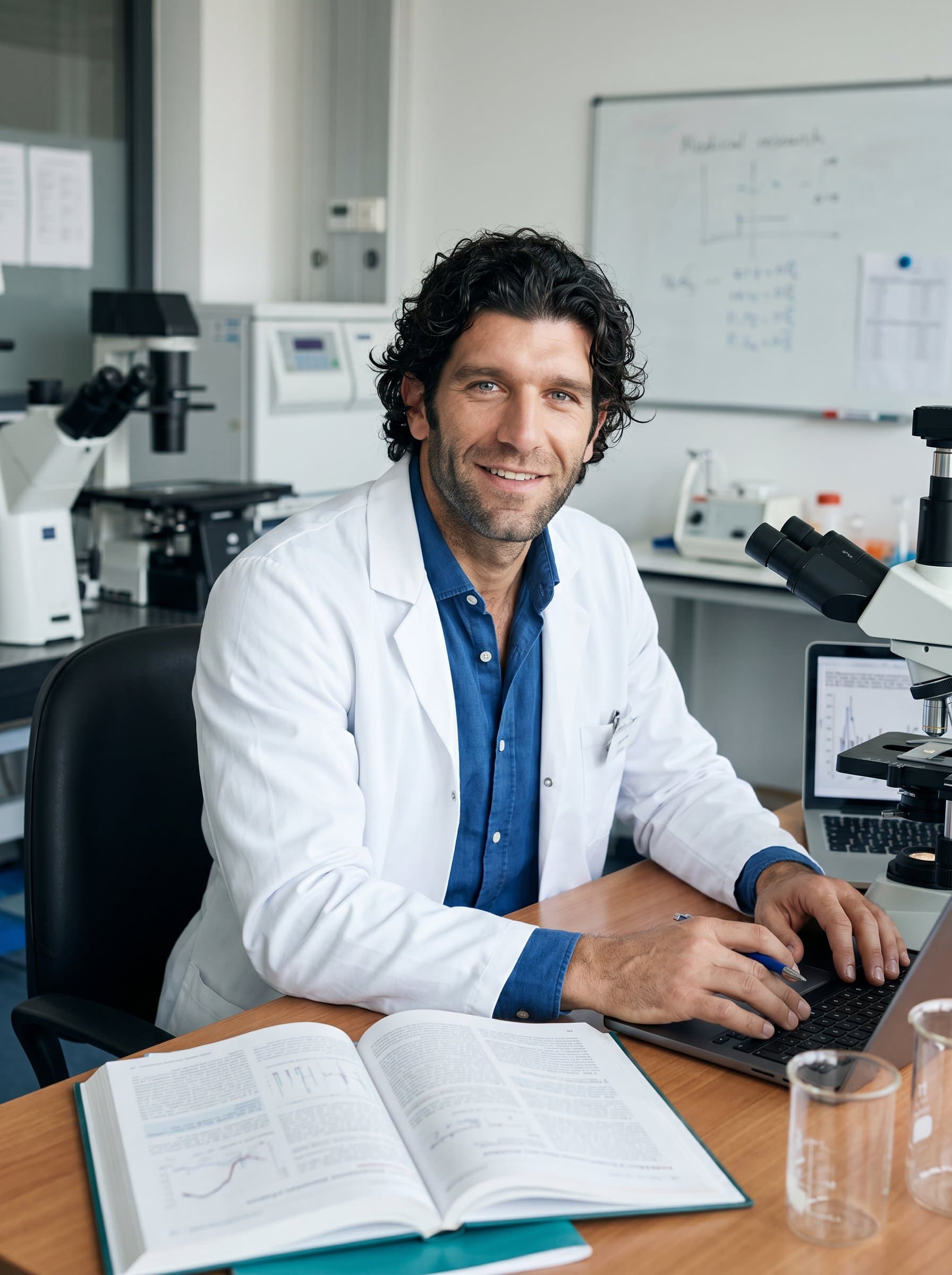- A doctor sitting at a desk in a research lab, surrounded by medical journals and a laptop. The scene conveys a sense of innovation, with the doctor confidently engaging with the camera, inviting trust.