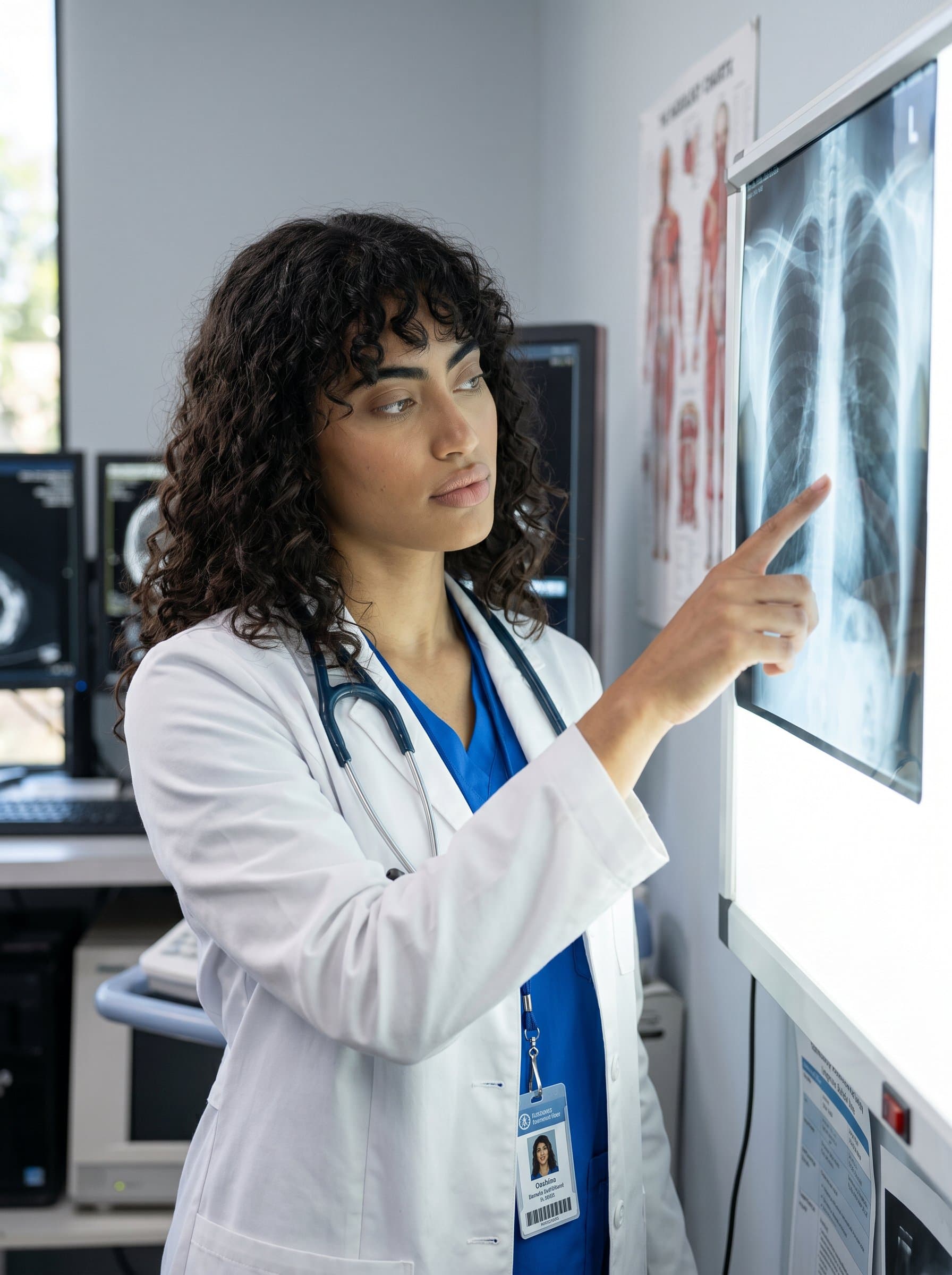 - Doctor reviewing an X-ray image on a lightbox, white coat visible, thoughtful expression. The background suggests a radiology lab, prioritizing diagnostic skill and attention to detail.