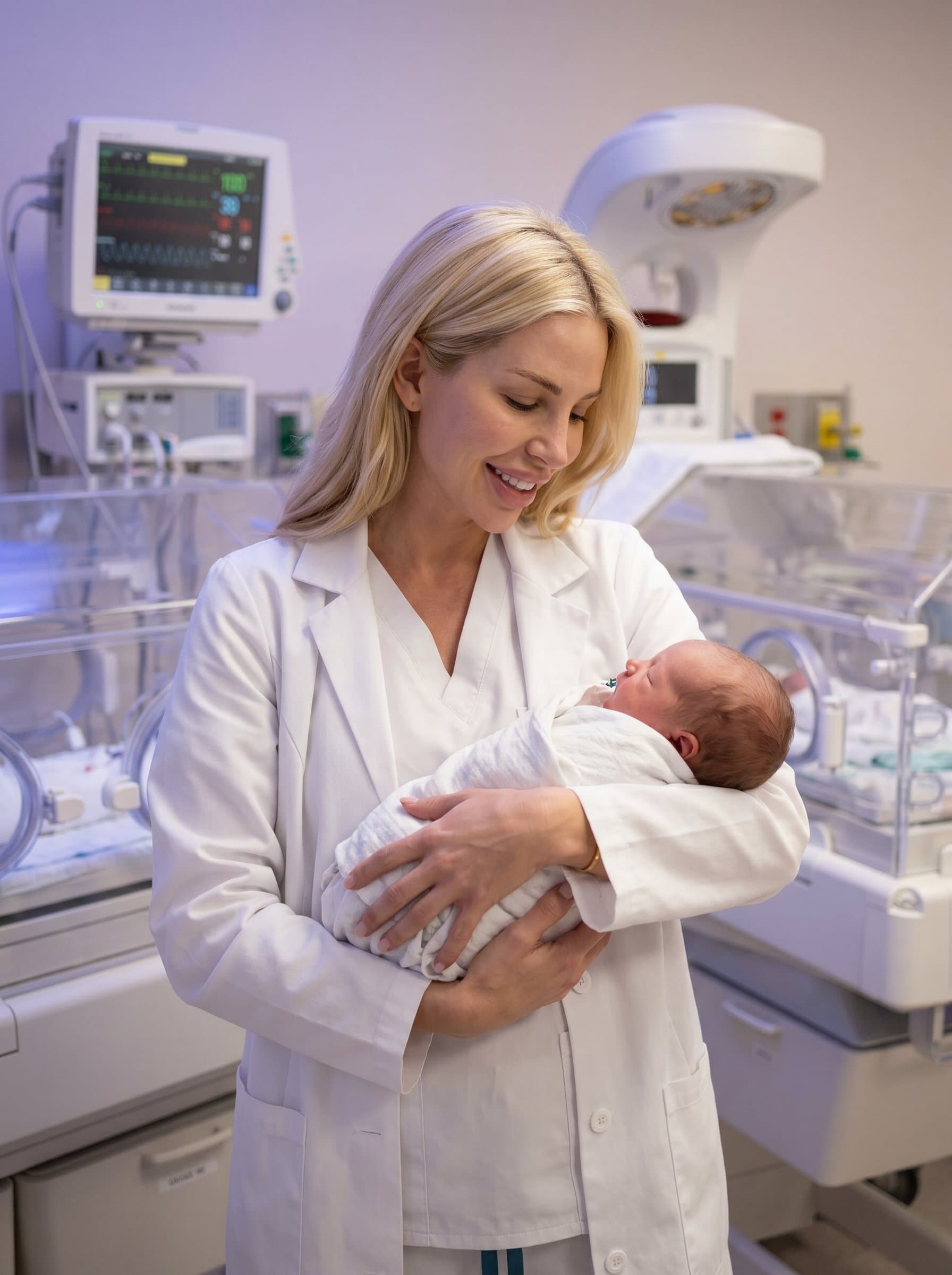 - A doctor in a neonatal unit, gently holding a baby. The white coat symbolizes professional care, while the tender expression conveys compassion. The scene is softly lit, emphasizing the nurturing atmosphere.