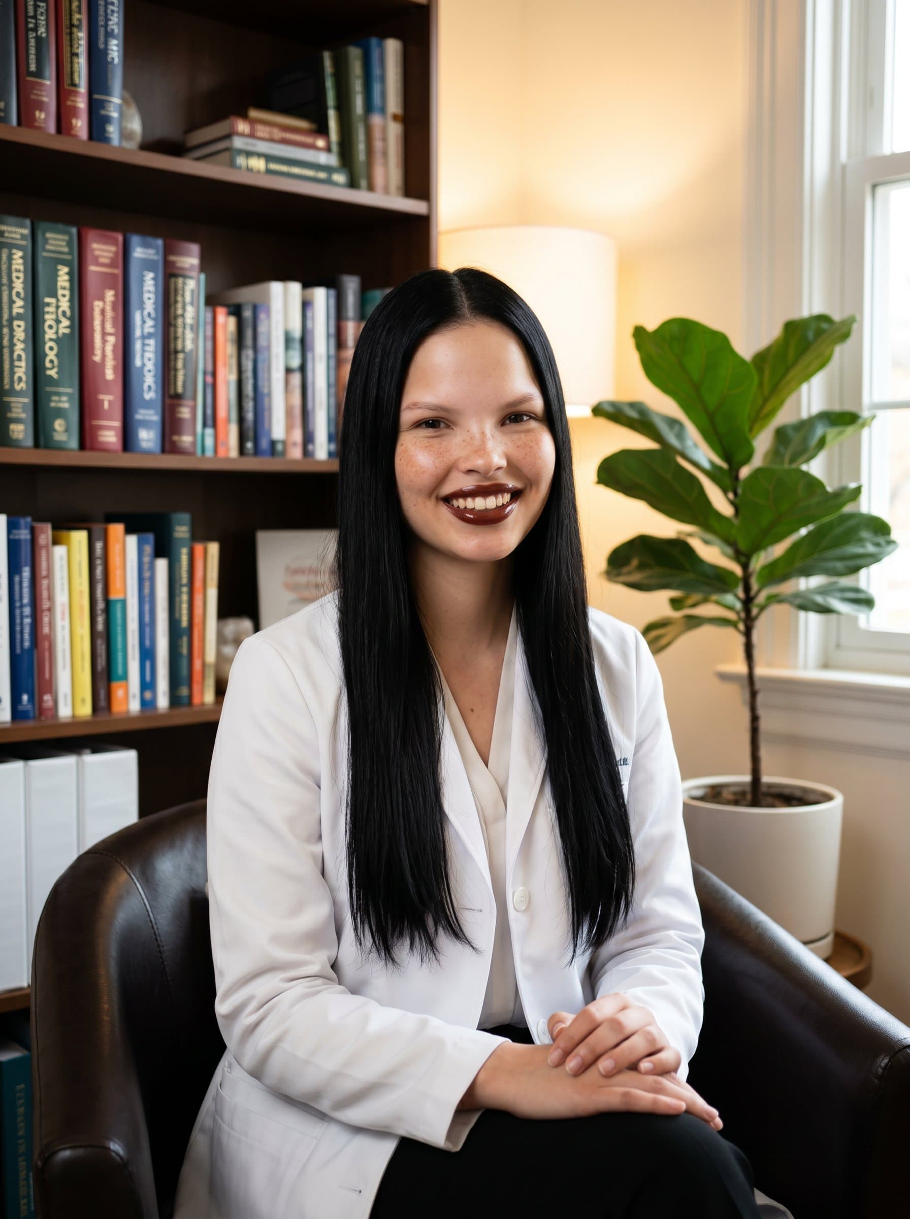 - Doctor in a cozy, yet professional office, seated in a leather chair, white coat visible. The setting is elegant with bookshelf and plant, highlighting the doctor's caring and knowledgeable demeanor.