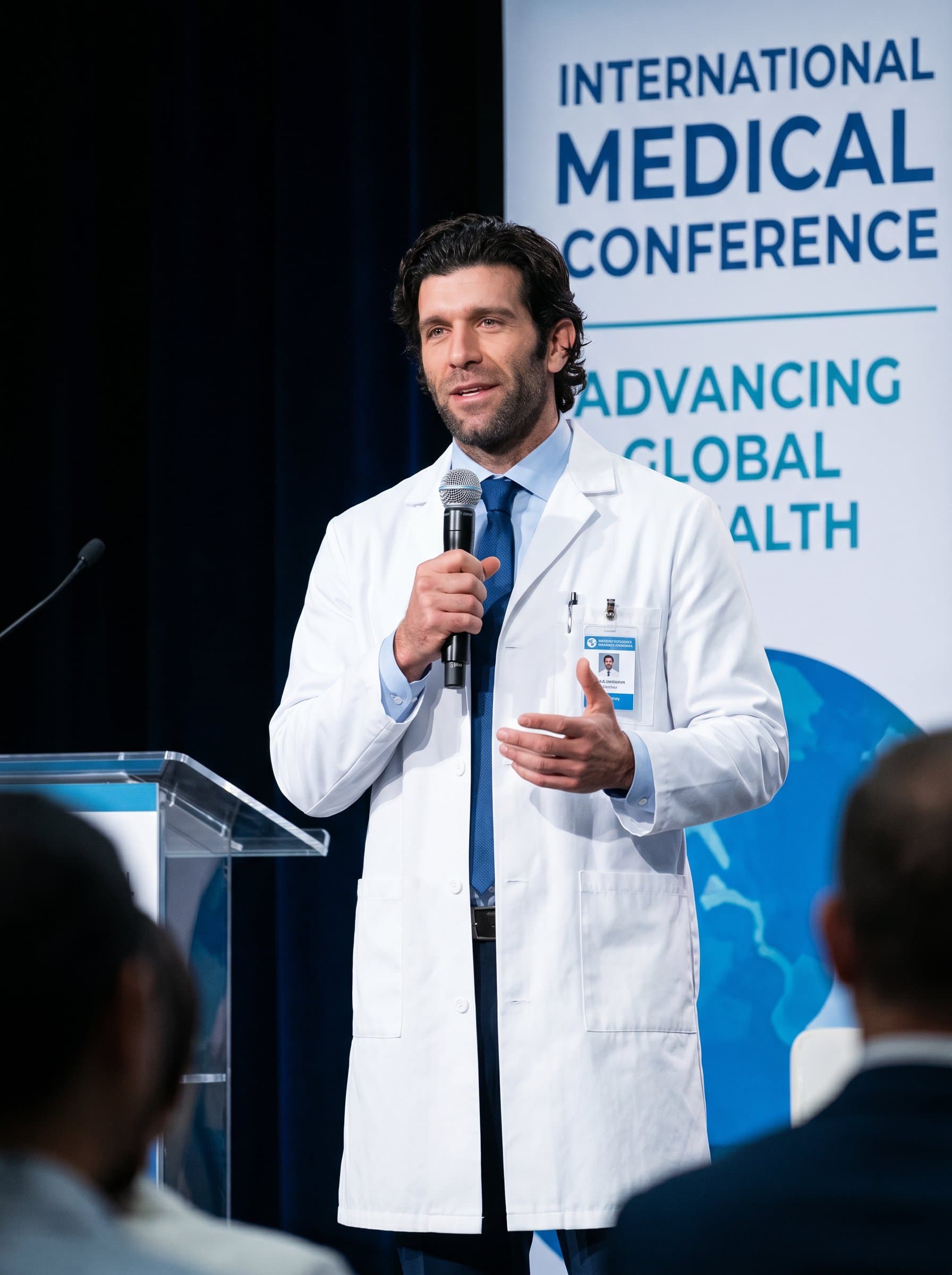 - Doctor in front of a medical conference banner, holding a microphone, white coat neatly pressed. A dynamic pose captures public speaking prowess and commitment to medical education.