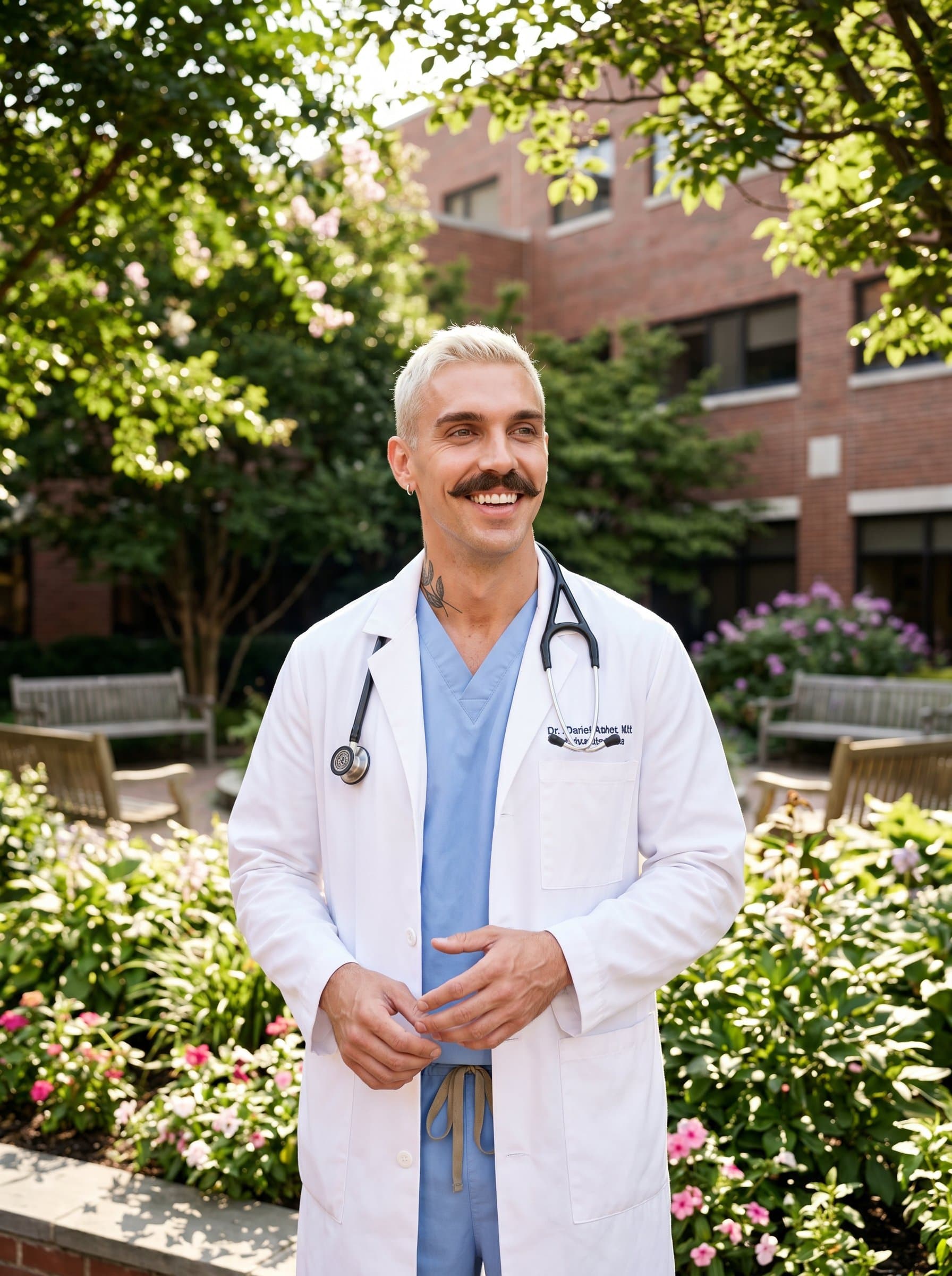 - Outdoors, a doctor stands in a green hospital courtyard. The white coat contrasts with the natural setting, providing a sense of well-being and balance. The doctor's expression is open and optimistic.