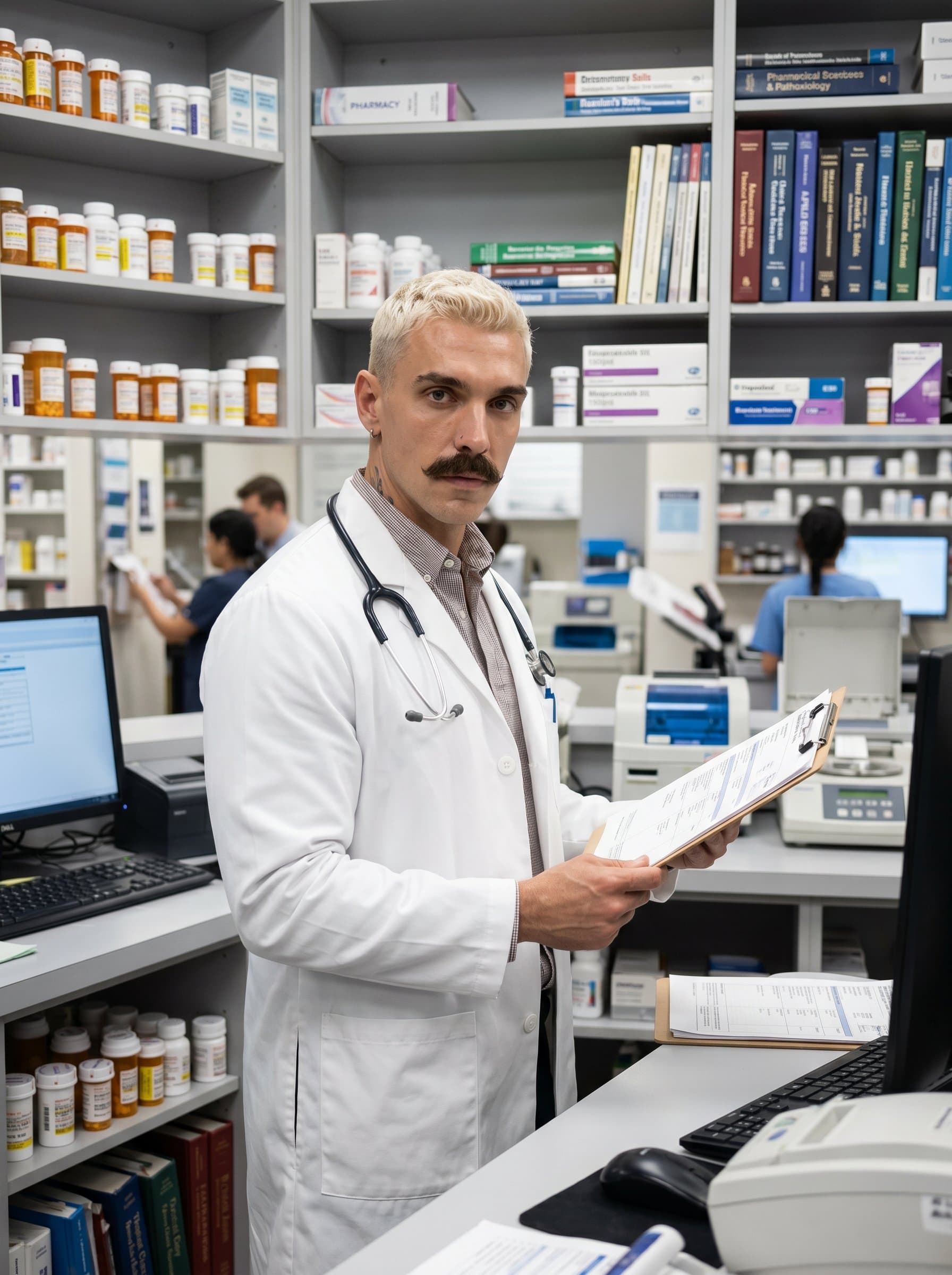 - Doctor in a pharmaceutical setting, surrounded by pill bottles and medical charts. The white coat and focused gaze convey authority in medication management and patient safety.