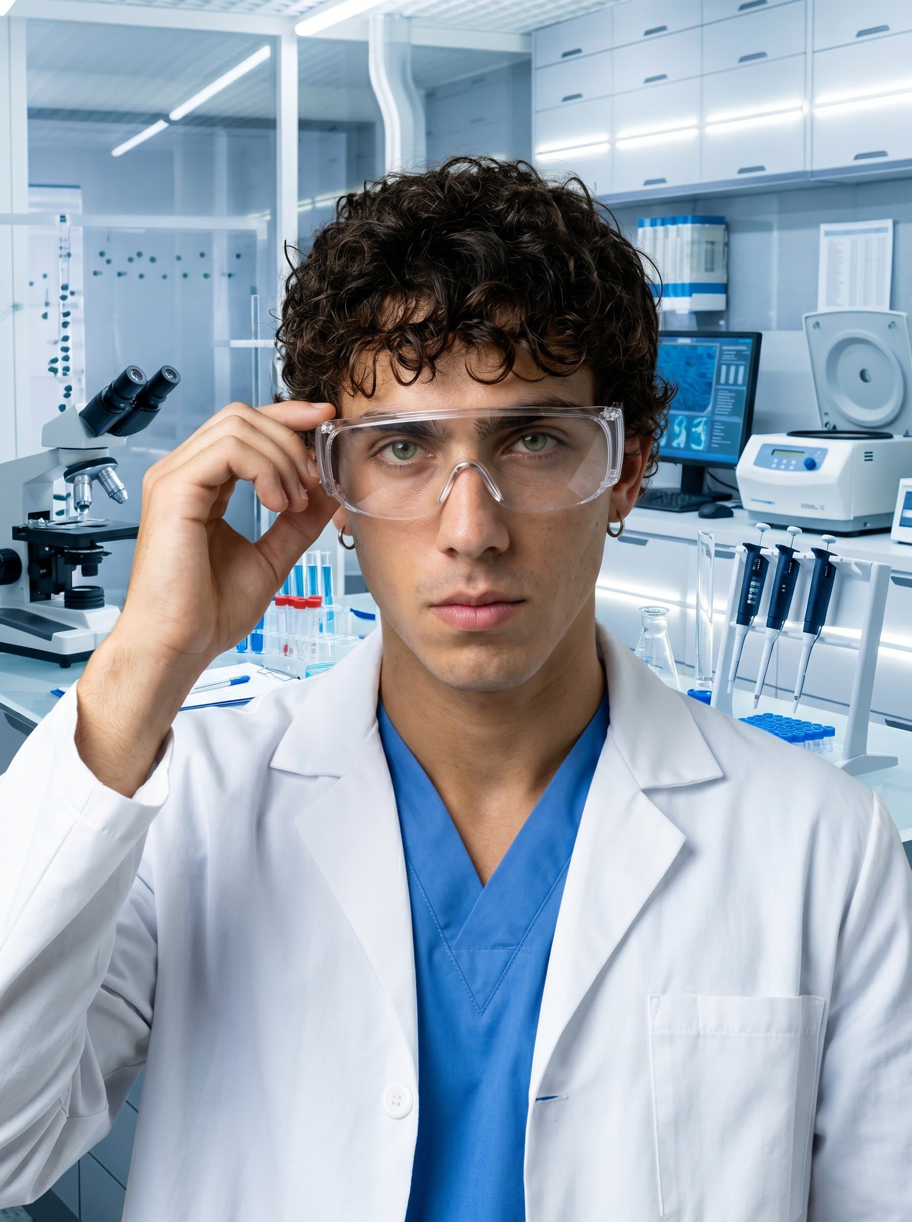 - Portrait of a doctor in a laboratory, adjusting protective glasses over a white coat. The environment is clean and scientific, with lab equipment in the background, reflecting precision and expertise.