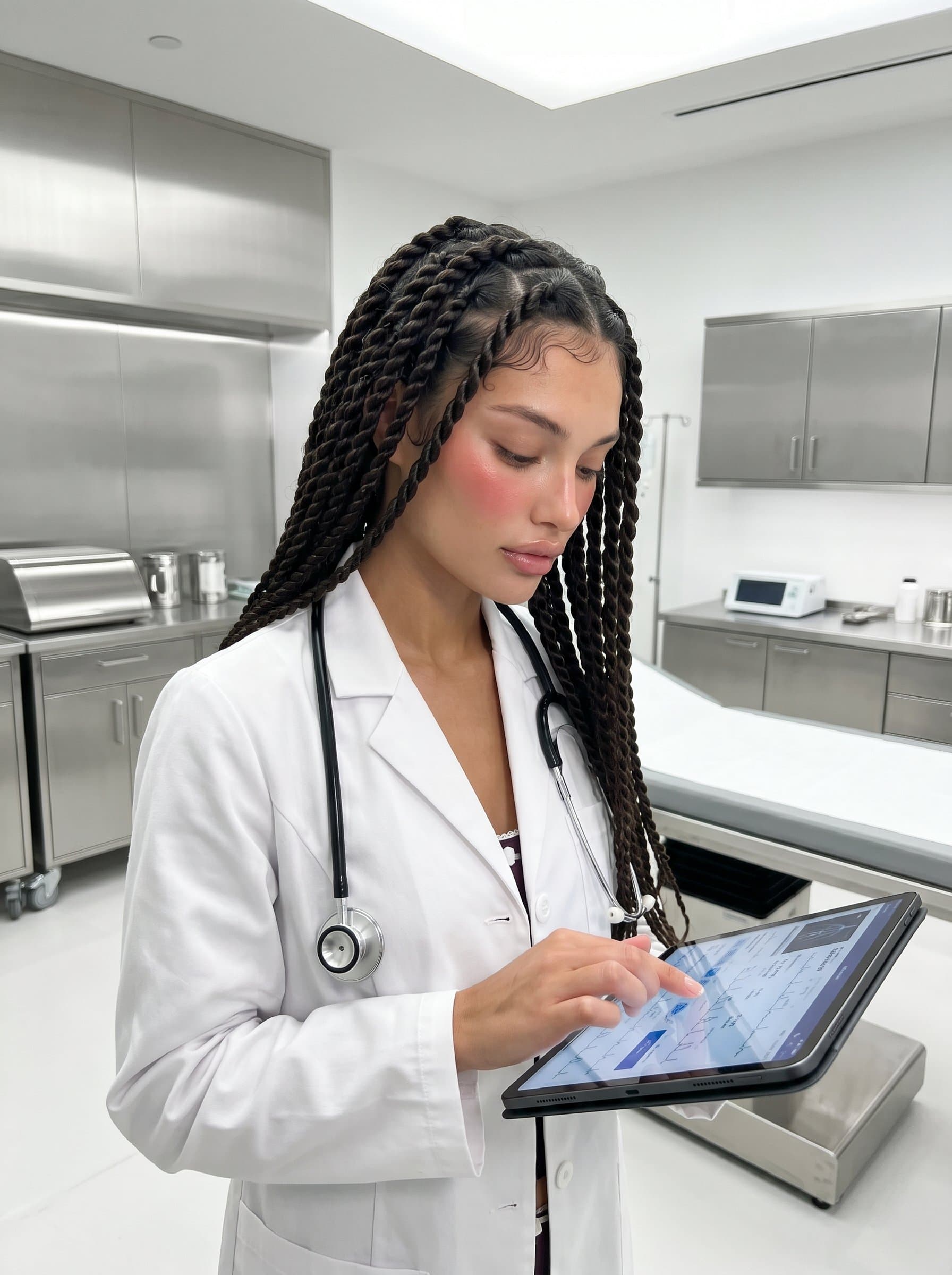 - Doctor using a tablet device in an examination room, white coat complemented by modern tech. The setting is pristine and efficient, projecting innovation and patient-centered care.