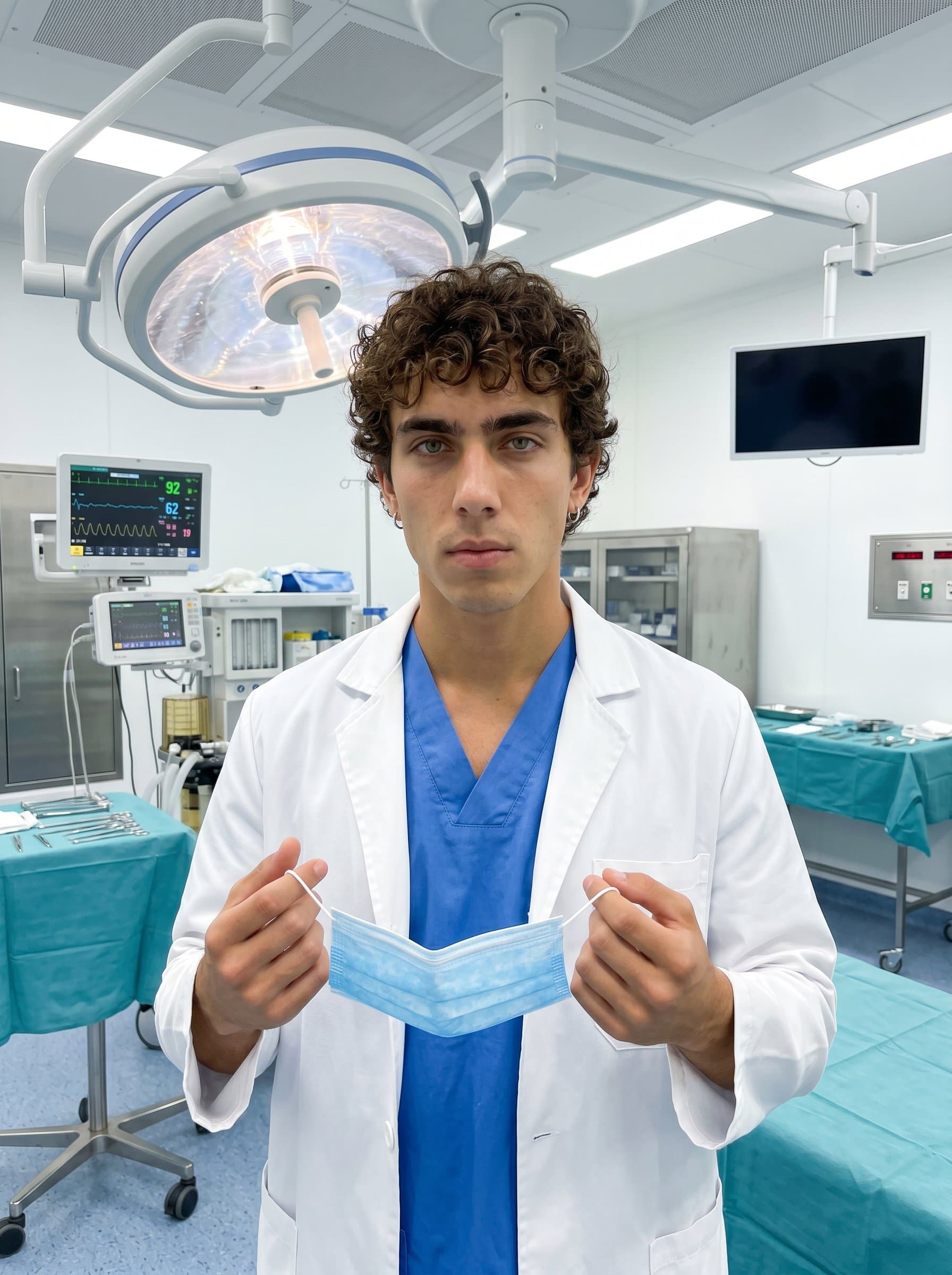 - Doctor in a surgical theater, white coat over scrubs, holding a surgical mask. The environment is sterile and ready, reflecting the critical nature of surgical expertise and preparedness.