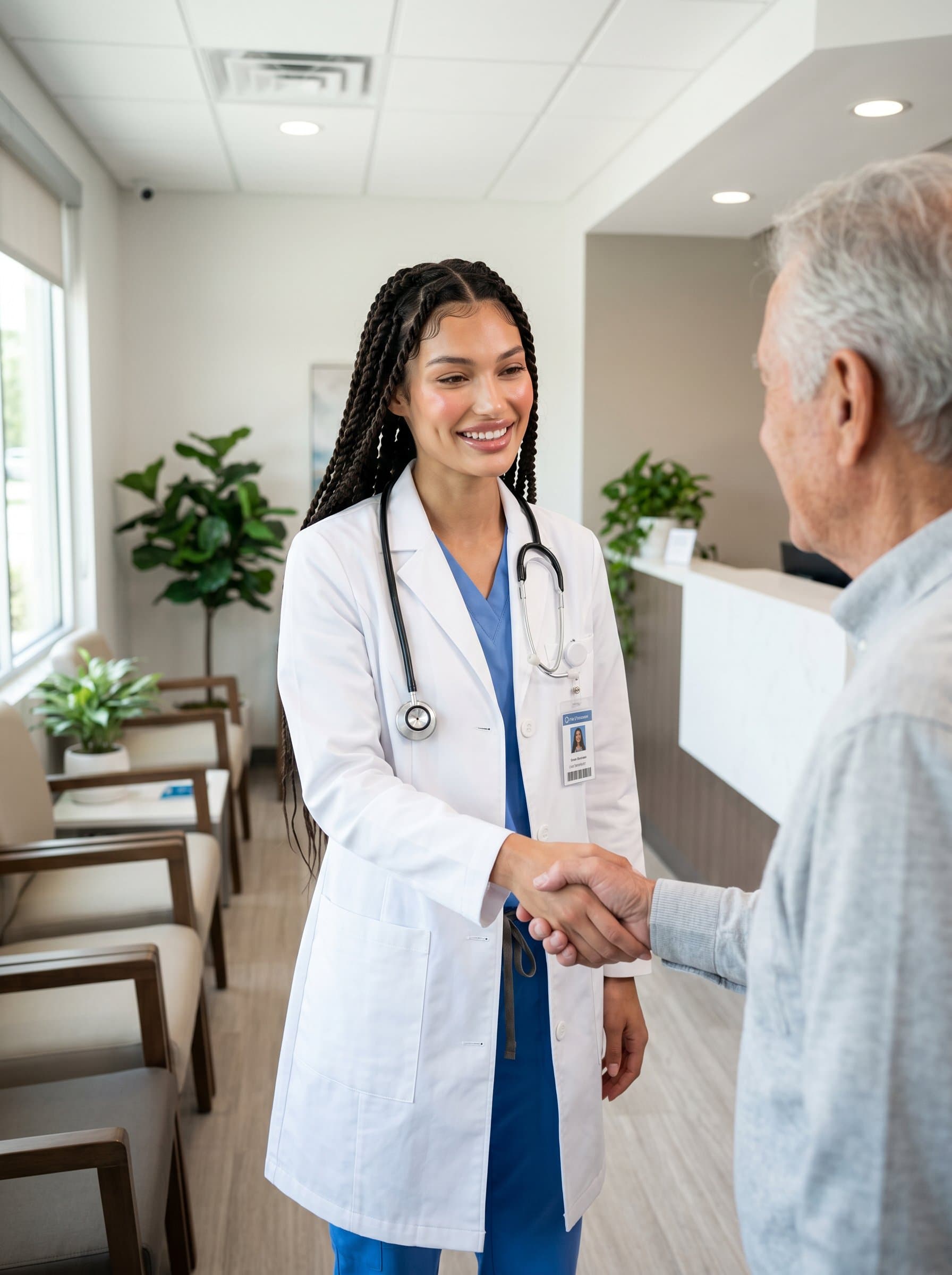- Doctor in a waiting room, greeting a patient with a handshake. The white coat is prominent, setting a tone of trust and professionalism, with a welcoming, clean environment shown in the background.