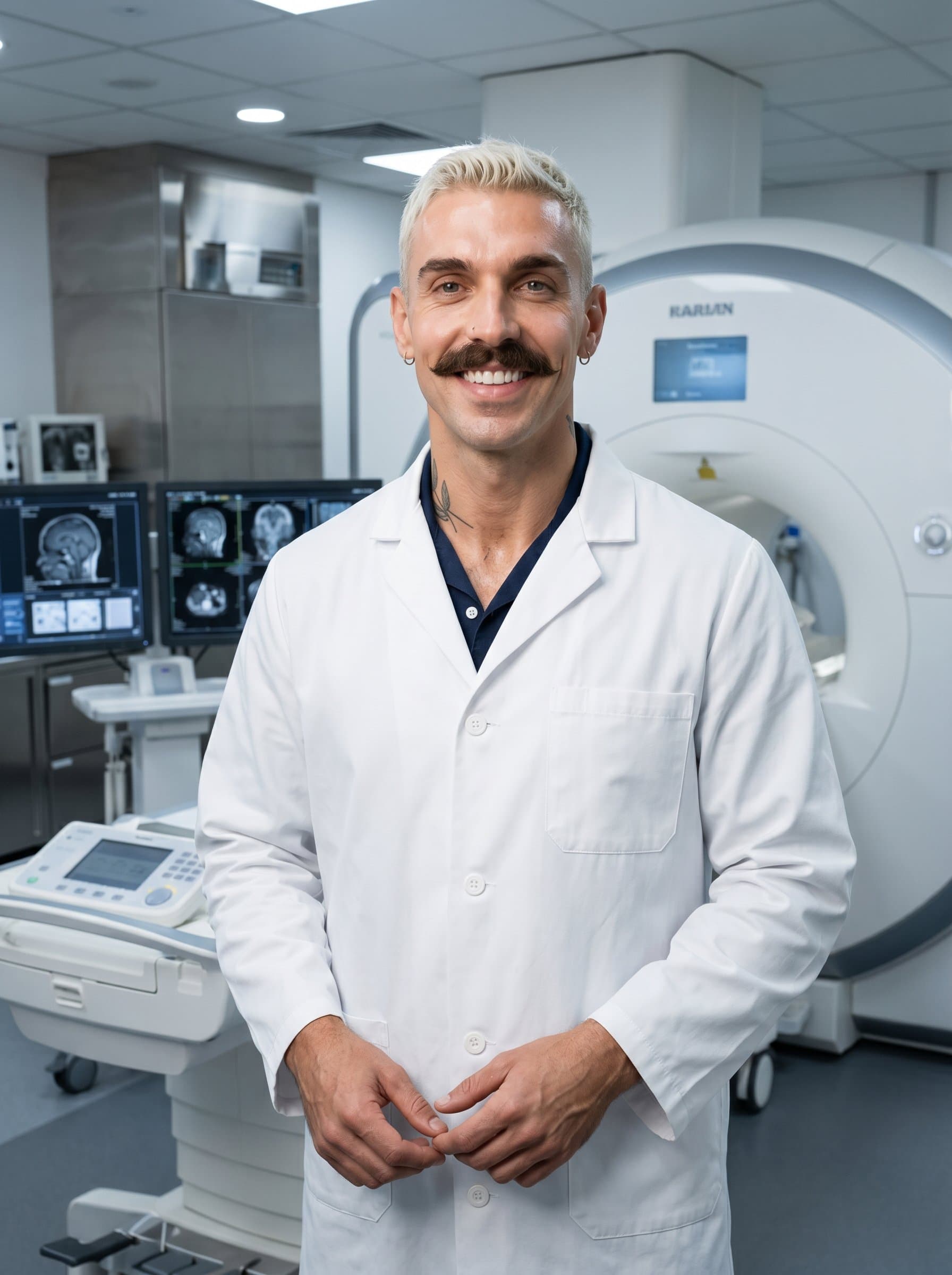 - Doctor standing in front of an MRI machine, white coat buttoned. The high-tech setting showcases advanced medical technology, with a reassuring smile that instills confidence in medical proficiency.