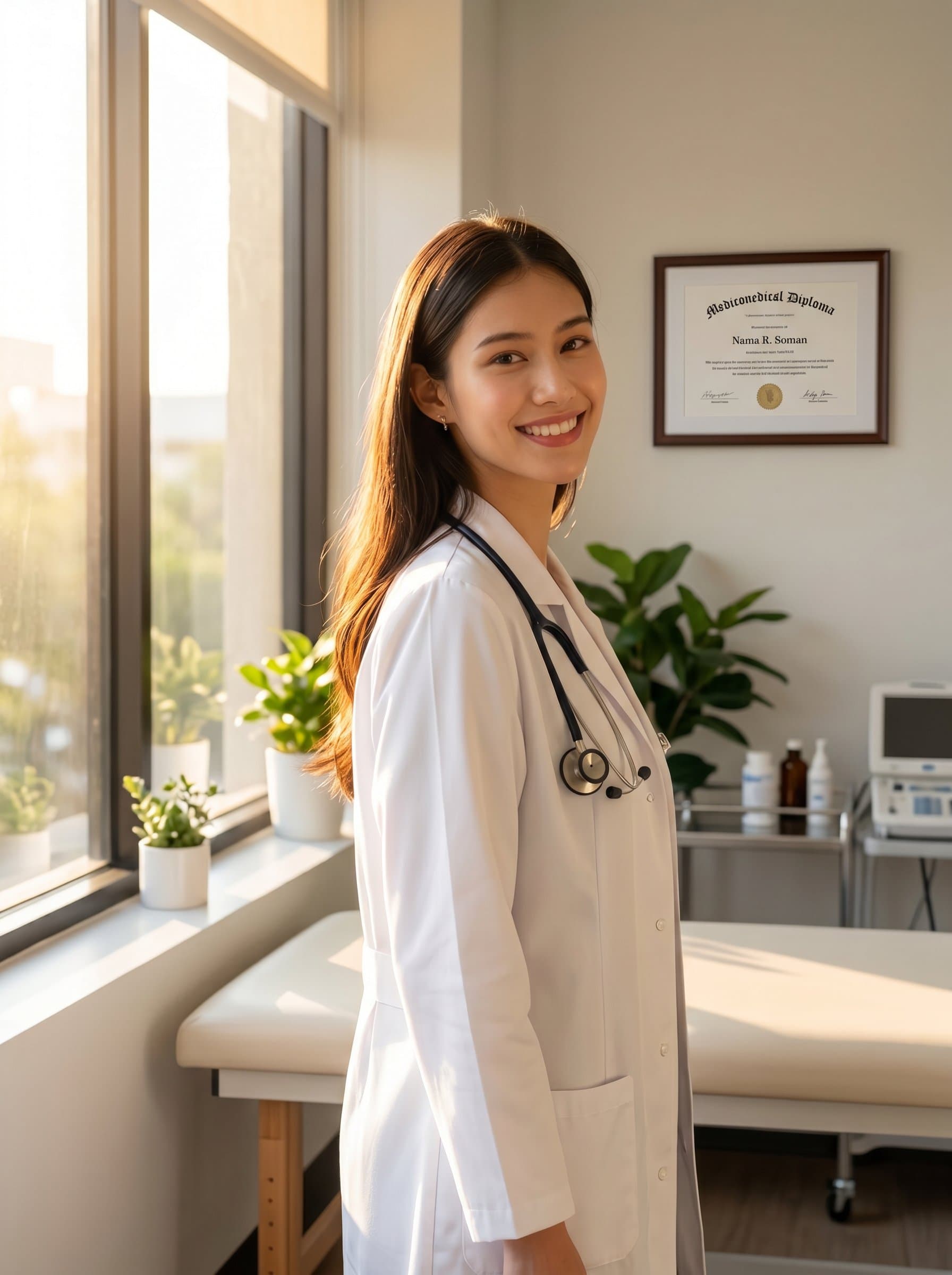 - Doctor in a clinic, standing by a large window. Sunlight illuminates the white coat and medical diploma on the wall, capturing professionalism and warmth, with an expression of friendly assurance.