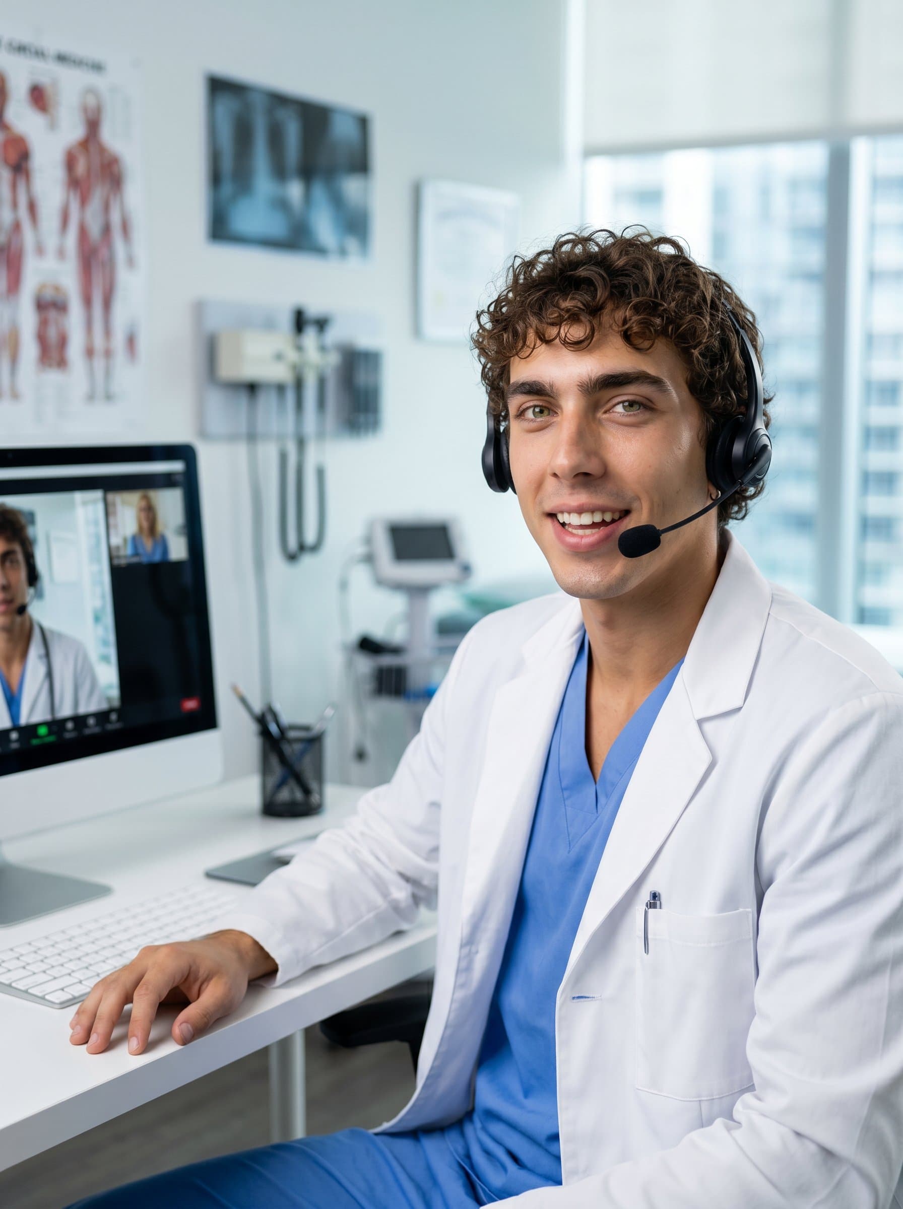 - Doctor in a telemedicine setting, seated in front of a computer, white coat visible, speaking into a headset. The scene conveys modern healthcare delivery, with an approachable and knowledgeable demeanor.