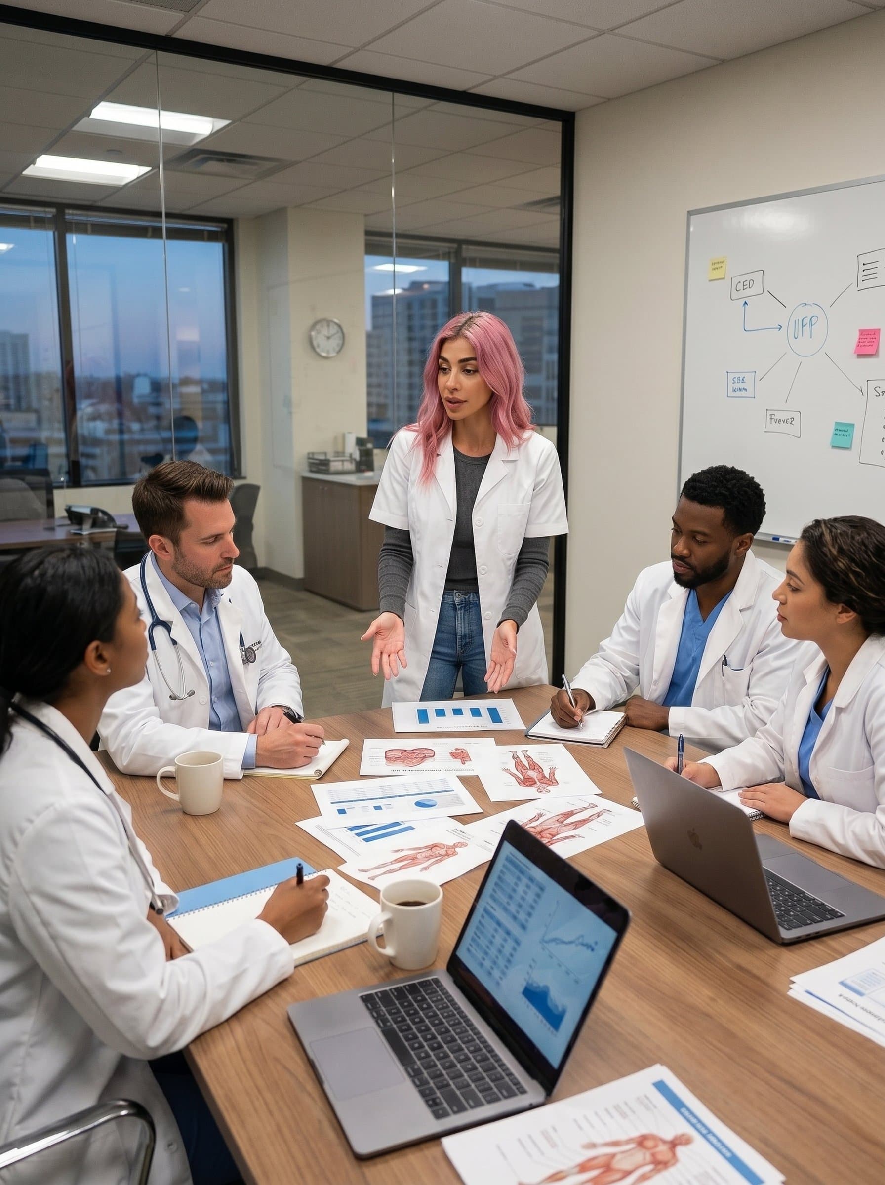 - A doctor consulting with a team in a boardroom, white coat open over casual attire. The collaborative atmosphere emphasizes teamwork and leadership, with medical charts visible on the table.