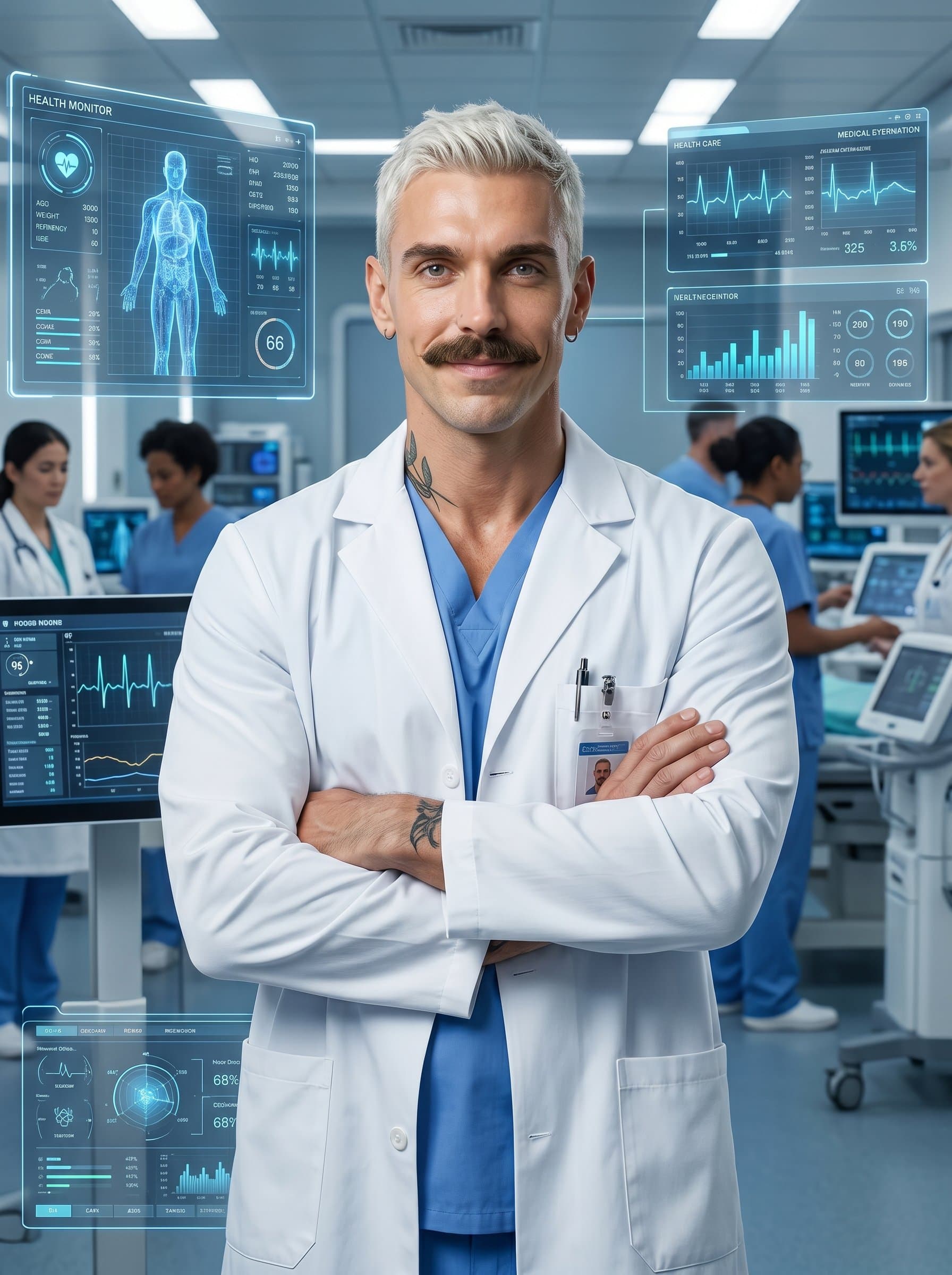 - In a futuristic hospital setting, a doctor stands with arms crossed, white coat neatly pressed. The doctor's expression is determined yet approachable, surrounded by advanced digital displays and health monitors.