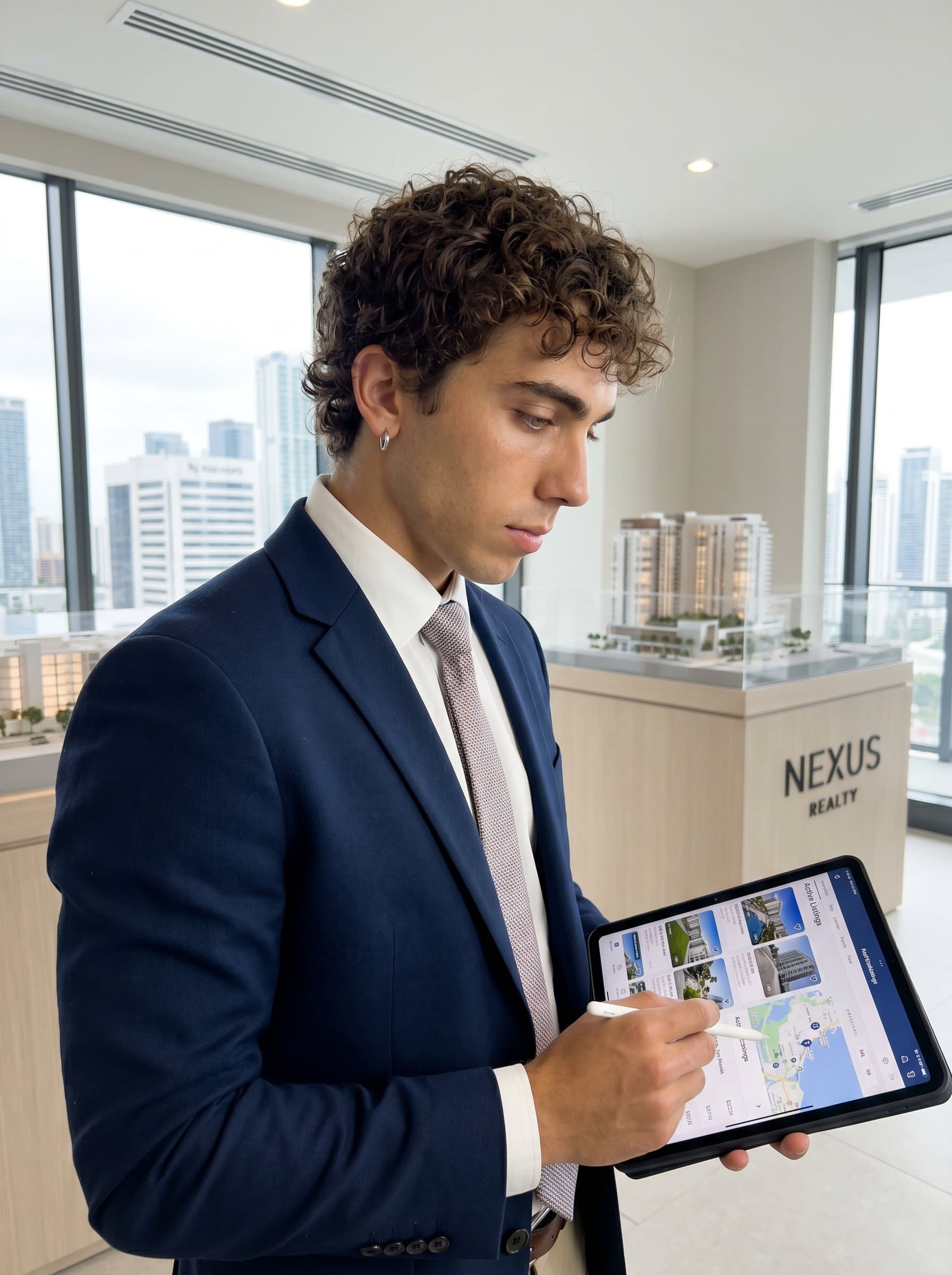 with a smart, classic look, holding a digital tablet, reviewing property listings, in a tastefully designed, neutral-toned modern office, embodying an innovative and tech-savvy realtor.