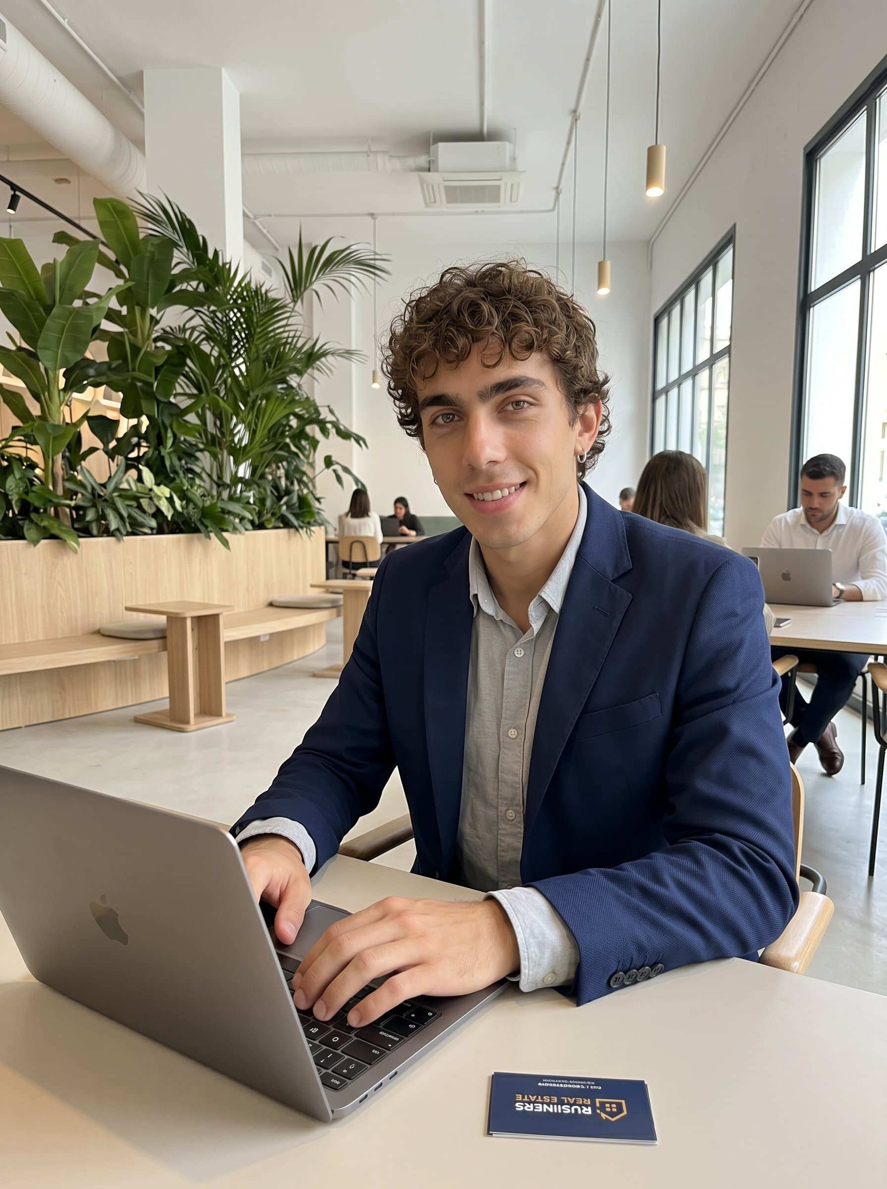 casually seated at a stylish, open-concept coworking space, laptop open, relaxed smile, surrounded by lush green indoor plants and minimalistic decor, exuding a friendly yet focused realtor persona.