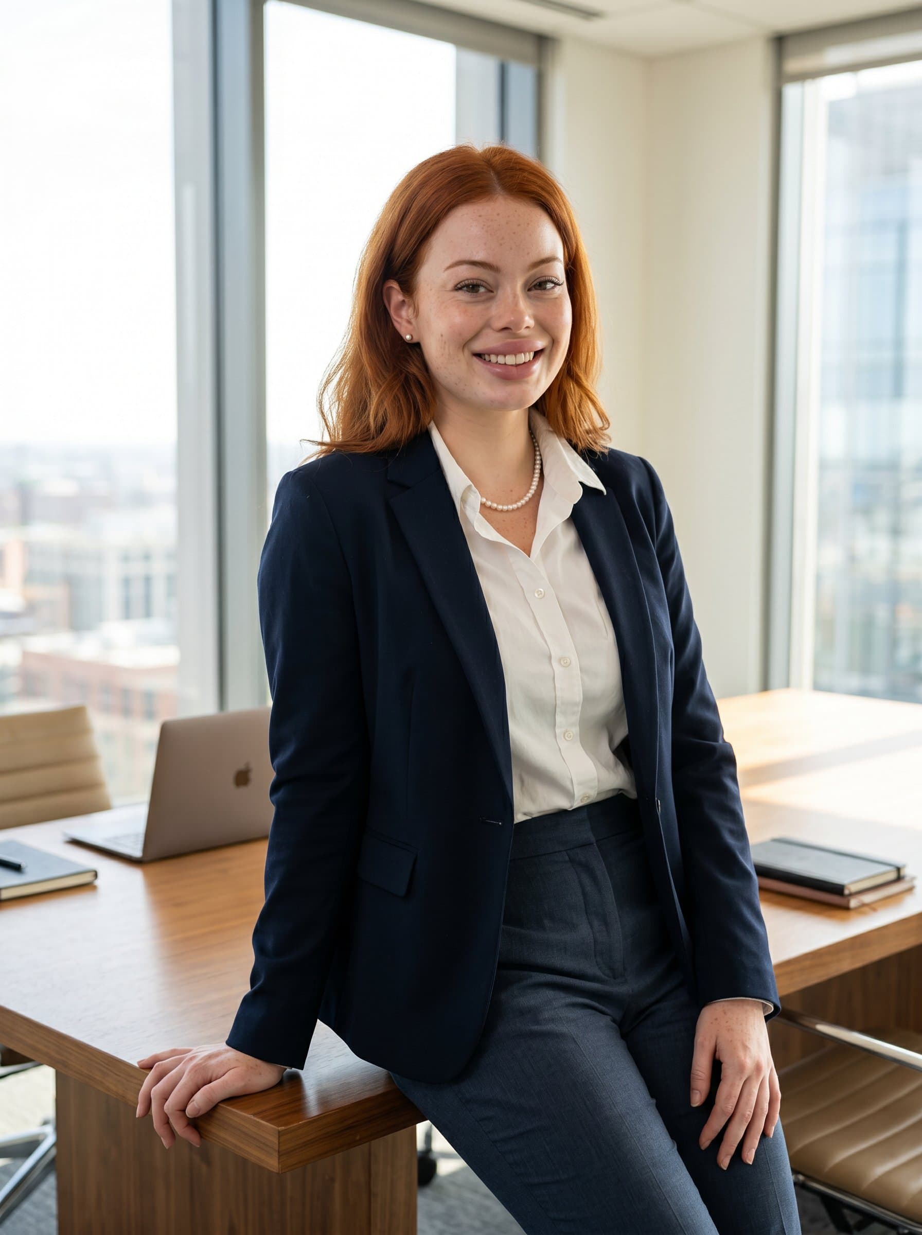 in business casual attire, leaning against a wooden conference table, light streaming through large windows, creating an inviting atmosphere, radiating warmth and approachability in a professional setting.