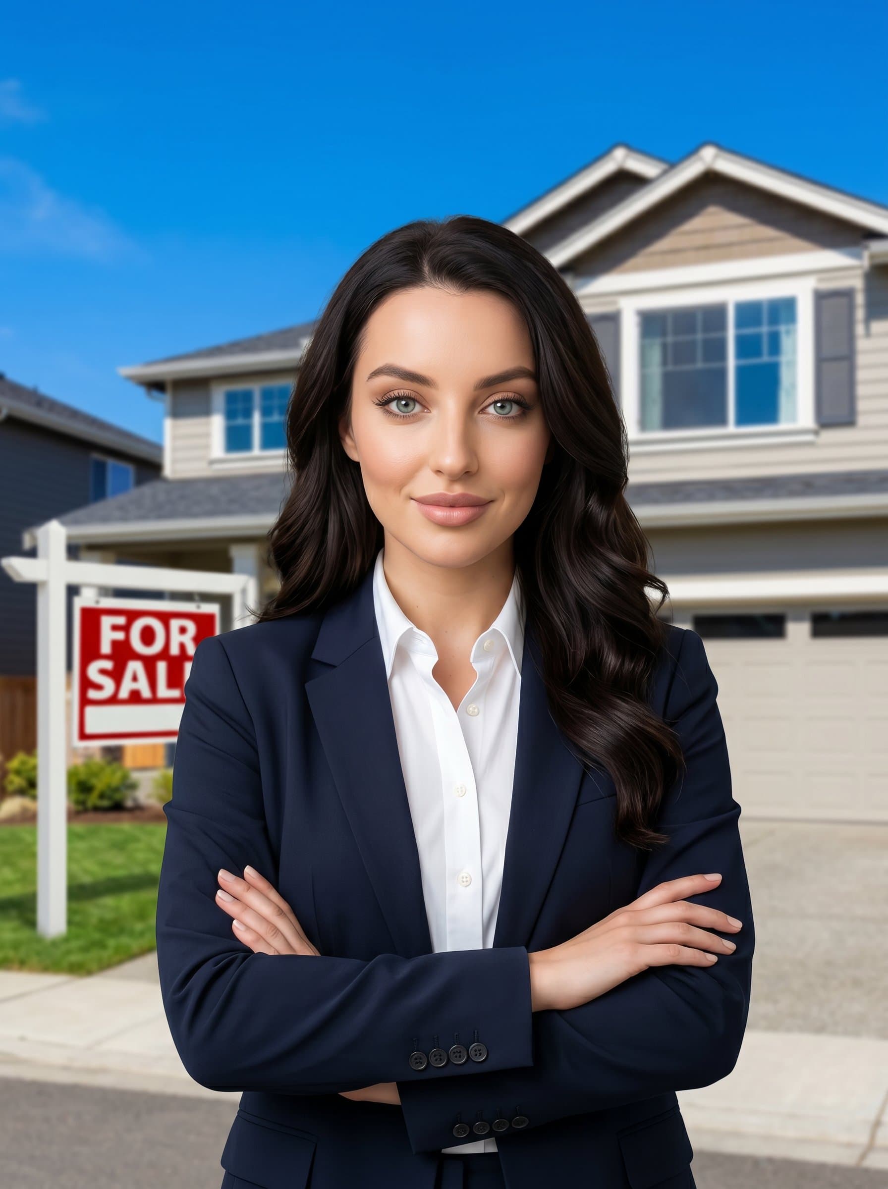 in a crisp white shirt and dark blazer, arms crossed, standing in front of a newly listed suburban home, vibrant blue sky above, showcasing trust and reliability as a real estate expert.