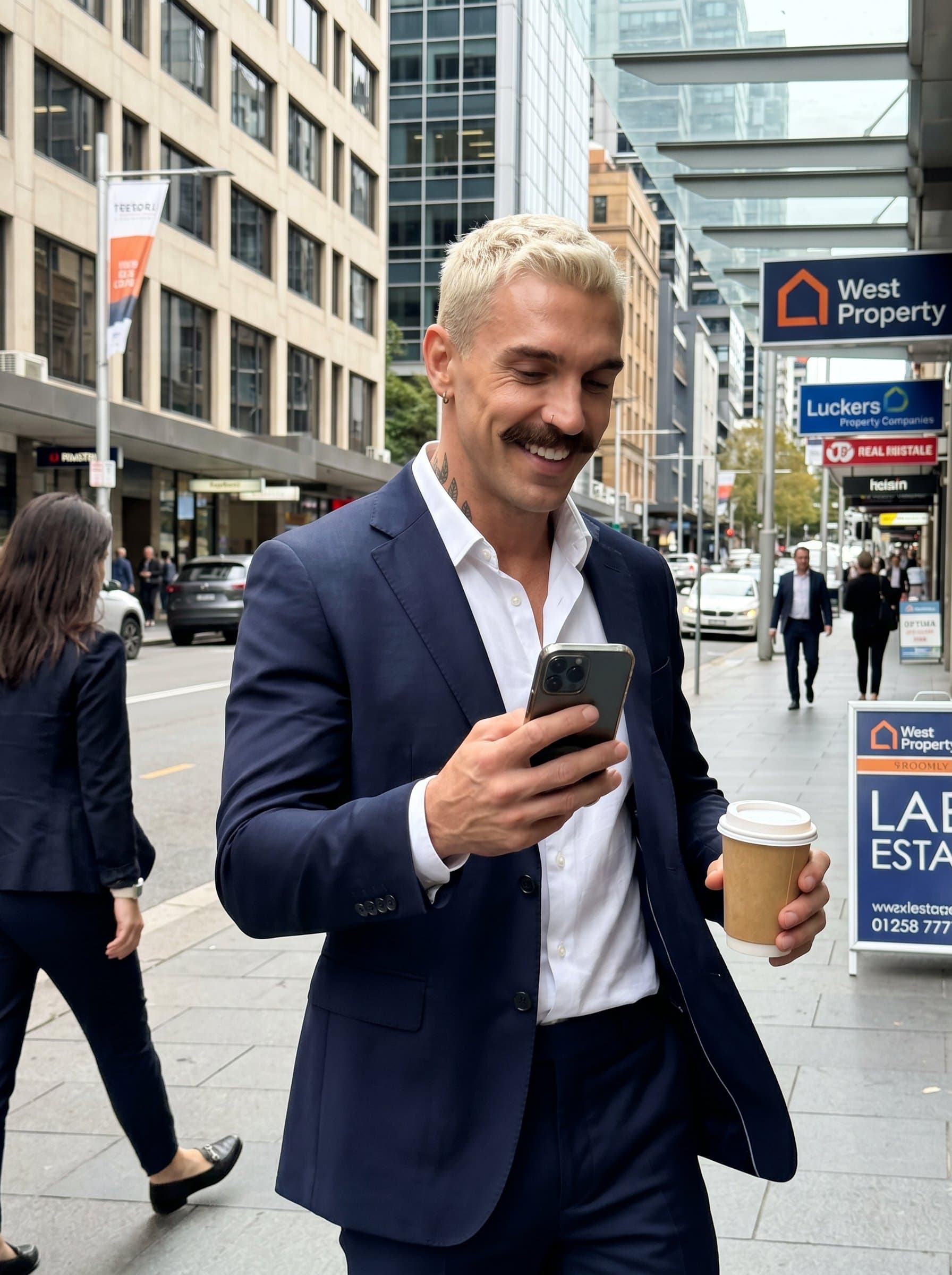 in a sharp, modern outfit, holding a smartphone and a coffee cup, outdoors, near a bustling real estate district, capturing the dynamic and on-the-go nature of a successful realtor.