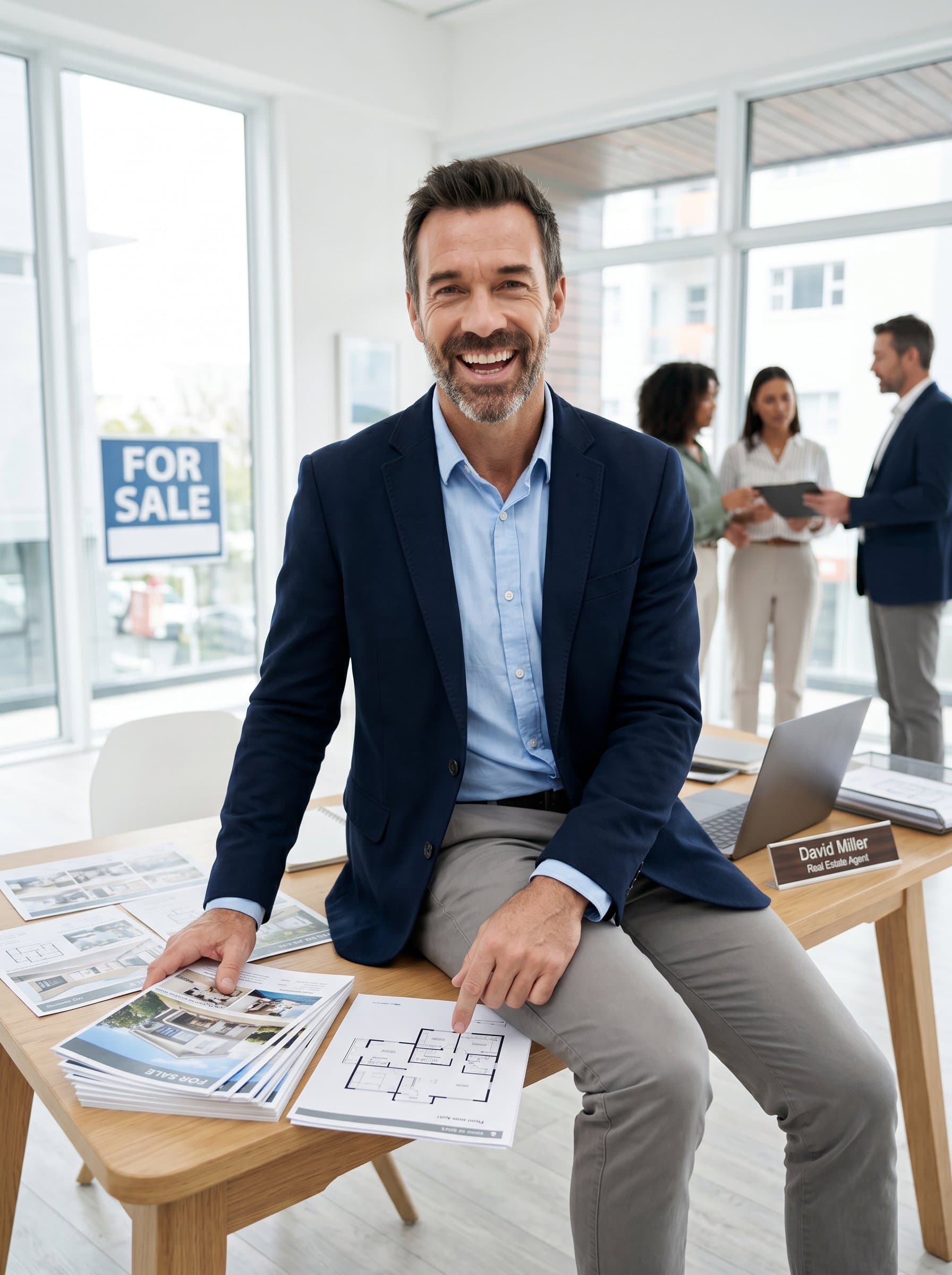 in casual yet professional attire, sitting on the edge of a tidy desk, surrounded by real estate brochures, ready to assist clients with enthusiasm and industry knowledge.