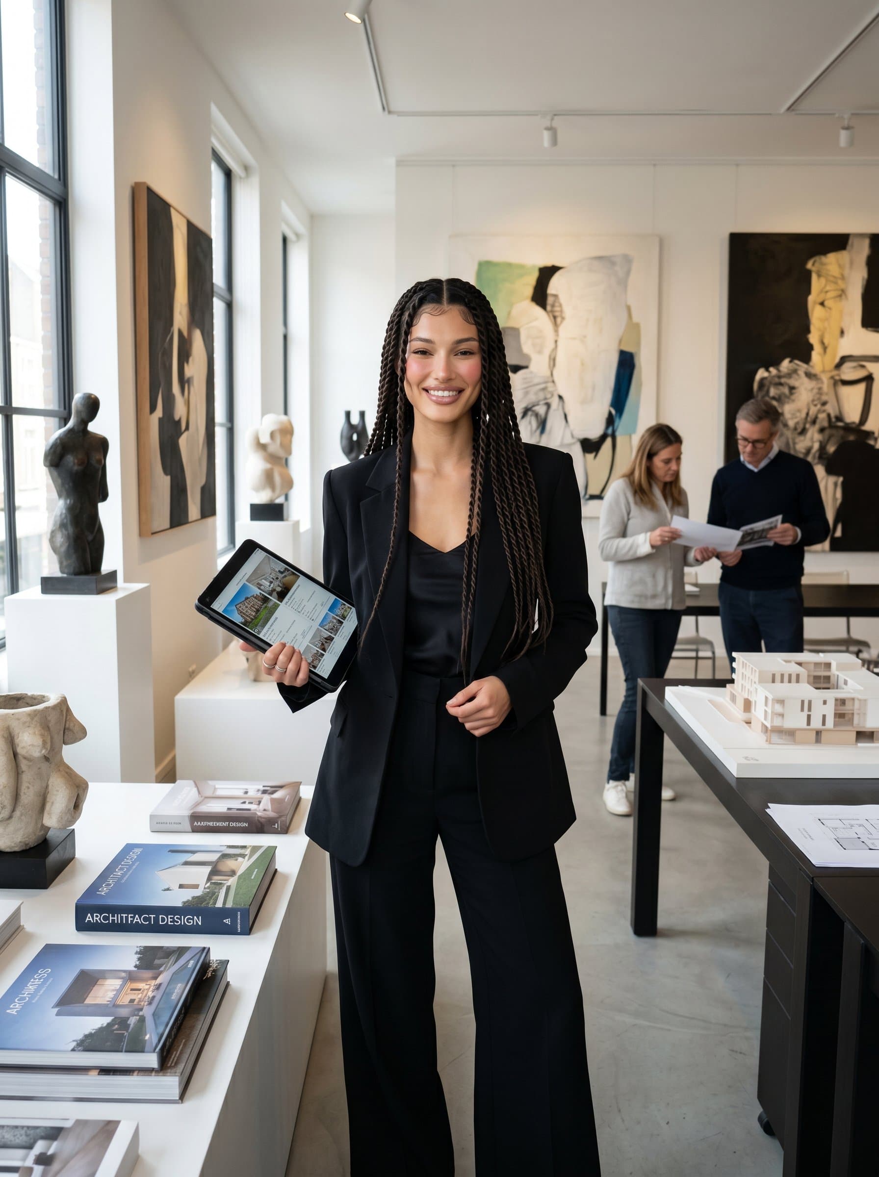 in an elegant, monochrome outfit, standing in a spacious modern gallery-like office, projecting creativity and fine taste, ideal for an agent specializing in artistic and unique properties.