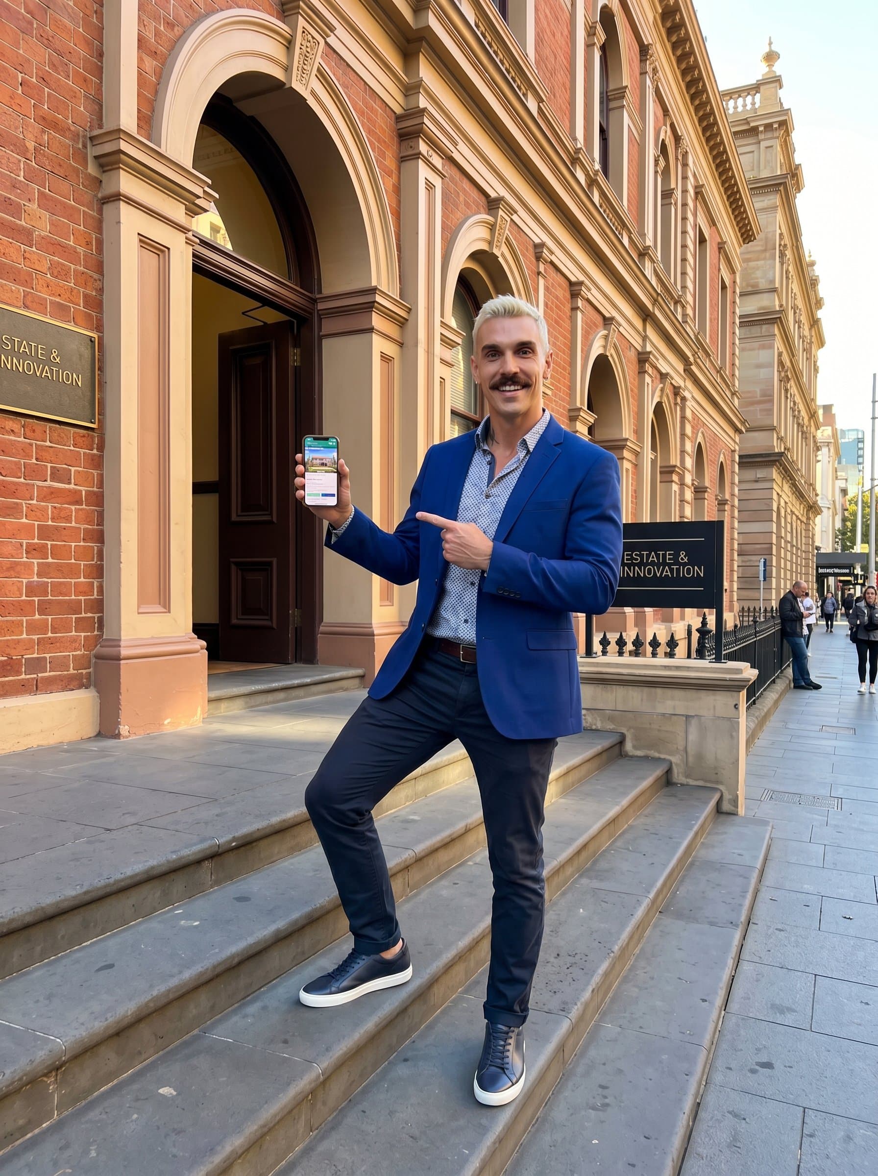 in a vibrant, modern business outfit, standing on the steps of a charming historical building, capturing the blend of tradition and innovation in their approach to real estate.