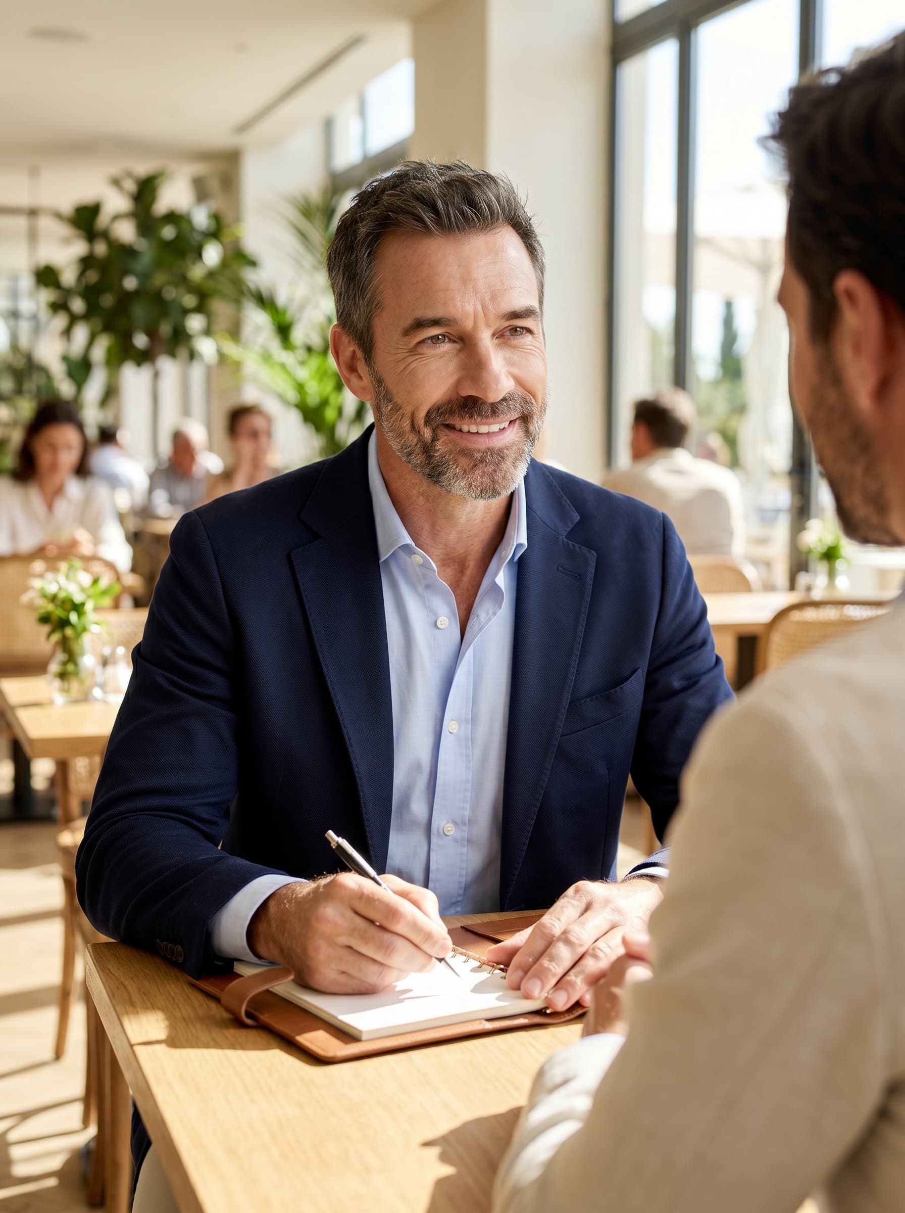 in a chic, contemporary ensemble, seated at a sunlit cafe table with a notepad and pen, ready for a client meeting, highlighting approachability and dedication in every interaction.