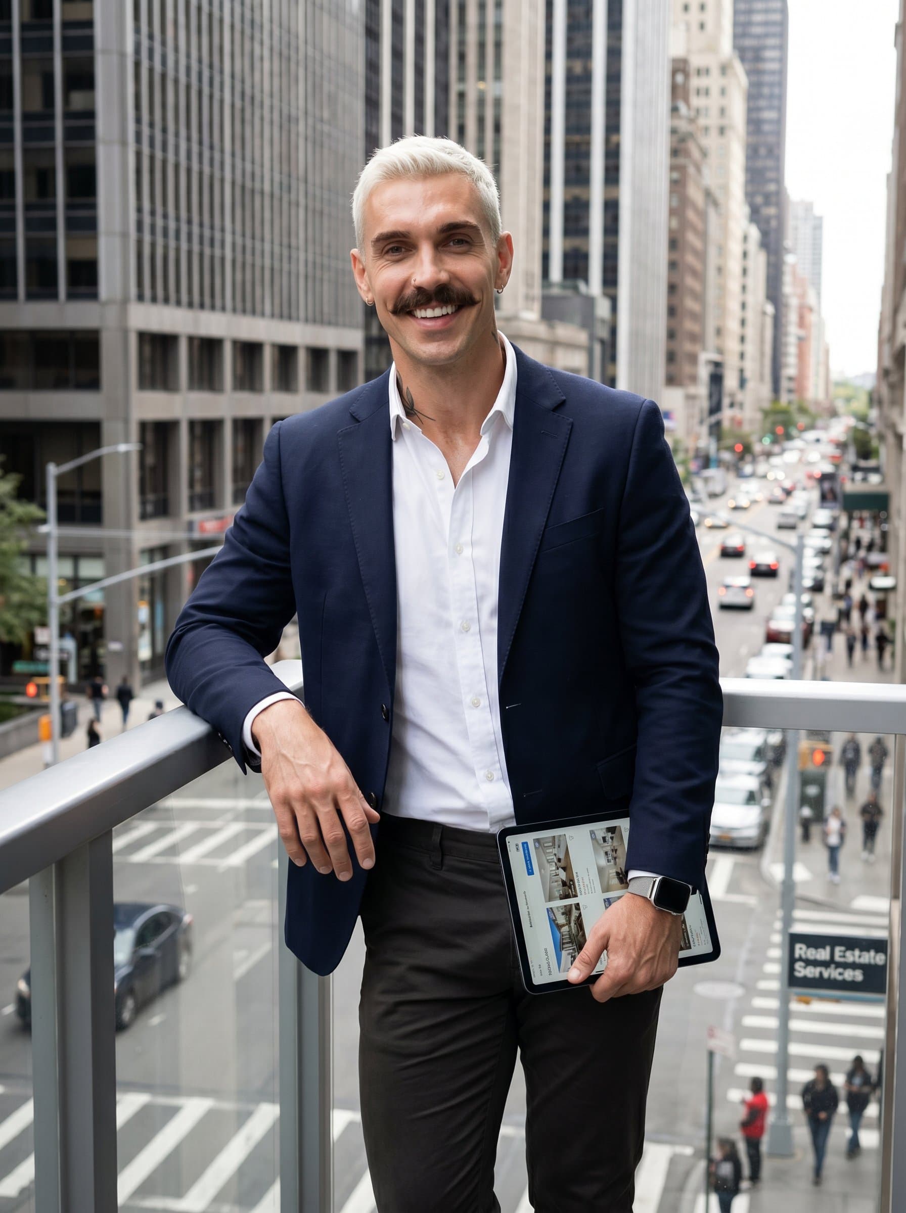 with a relaxed yet professional vibe, leaning against a railing overlooking a bustling urban streetscape, epitomizing the balance of city life with client-centered real estate services.