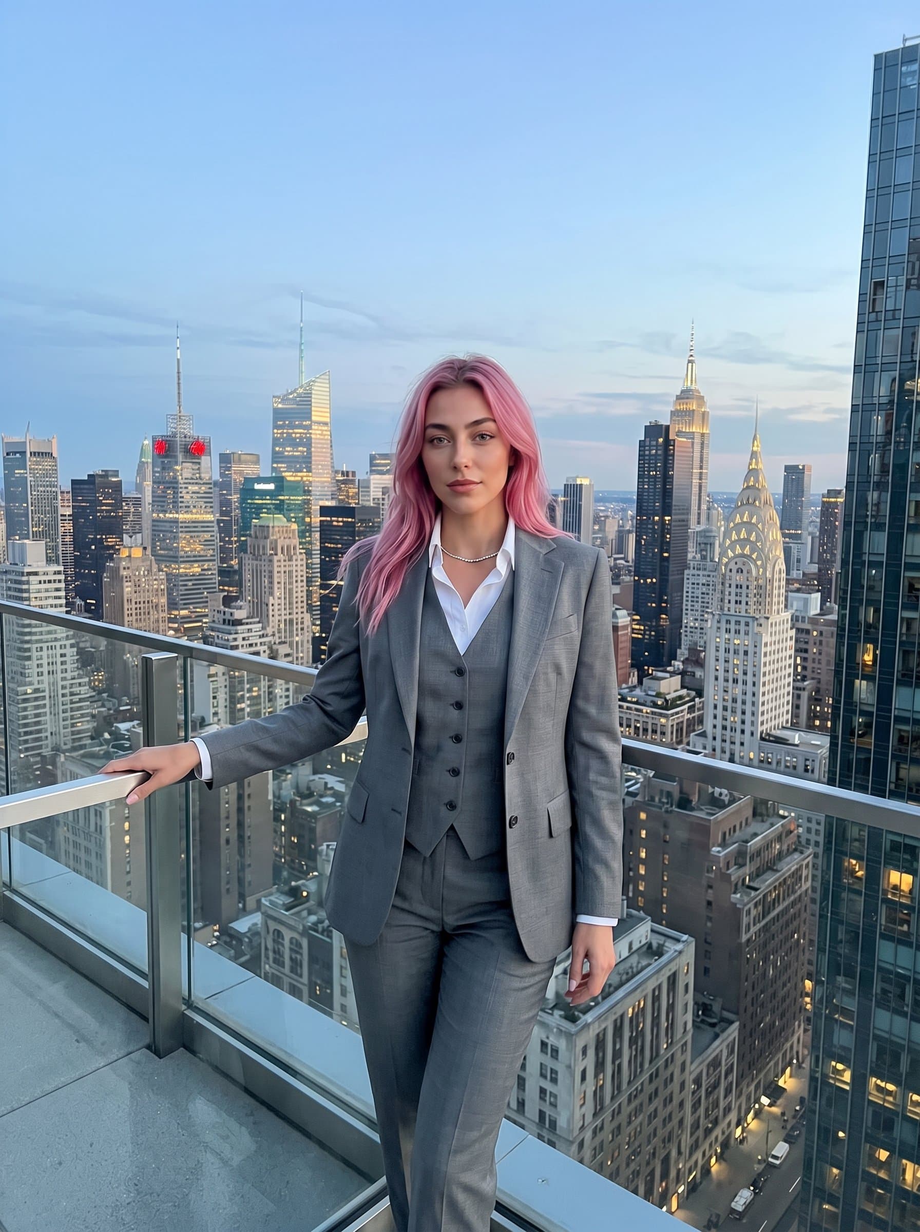 wearing a tailored grey suit, standing on a balcony with a city skyline, poised with elegance and assurance, ideal for high-profile real estate dealings in urban environments.