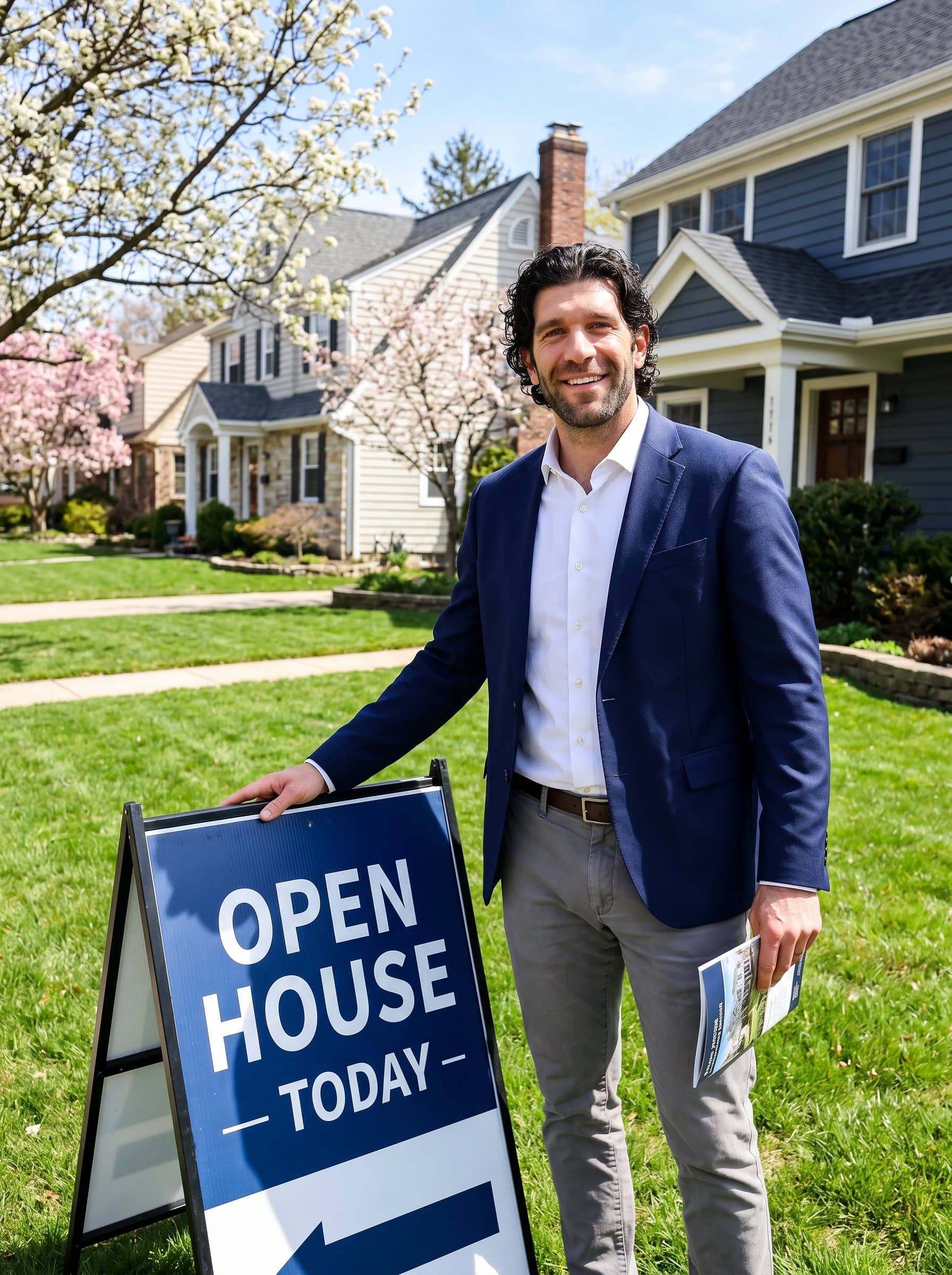 in a polished, contemporary outfit, posing with an open house sign in a picturesque neighborhood, encapsulating the welcoming and professional demeanor of a dedicated realtor.