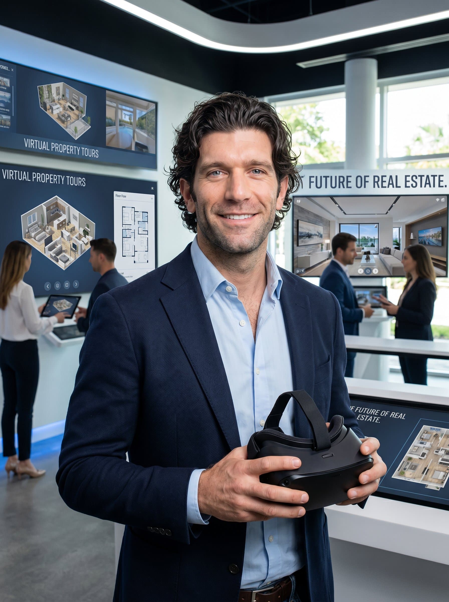 dressed in a business casual outfit, holding a virtual reality headset, symbolizing cutting-edge engagement with customers in futuristic real estate experiences and property viewings.