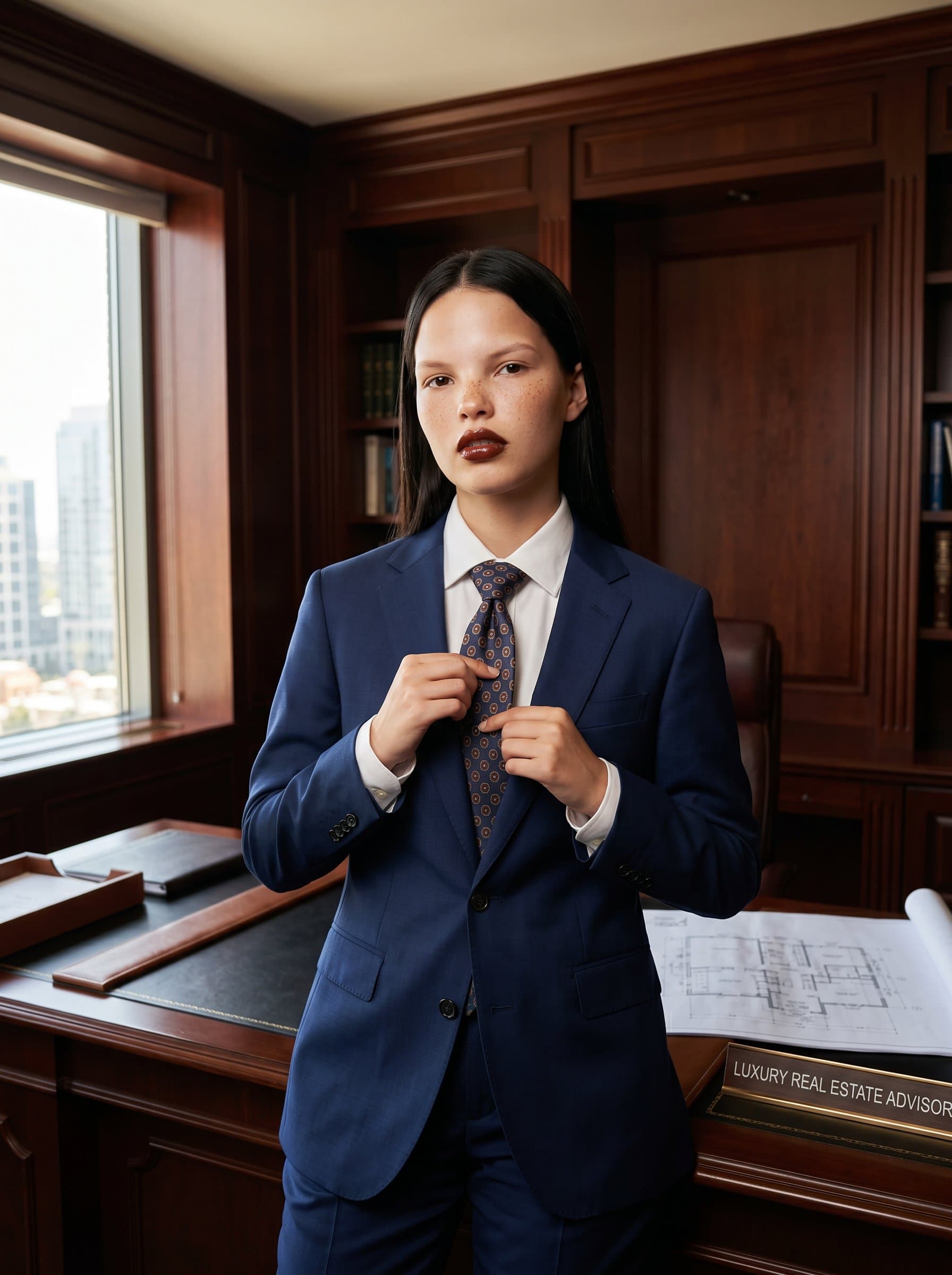 dressed in a classic navy suit, adjusting their tie, standing in an elegant, timeless office with mahogany furnishings, exuding sophistication and expertise in high-end real estate transactions.